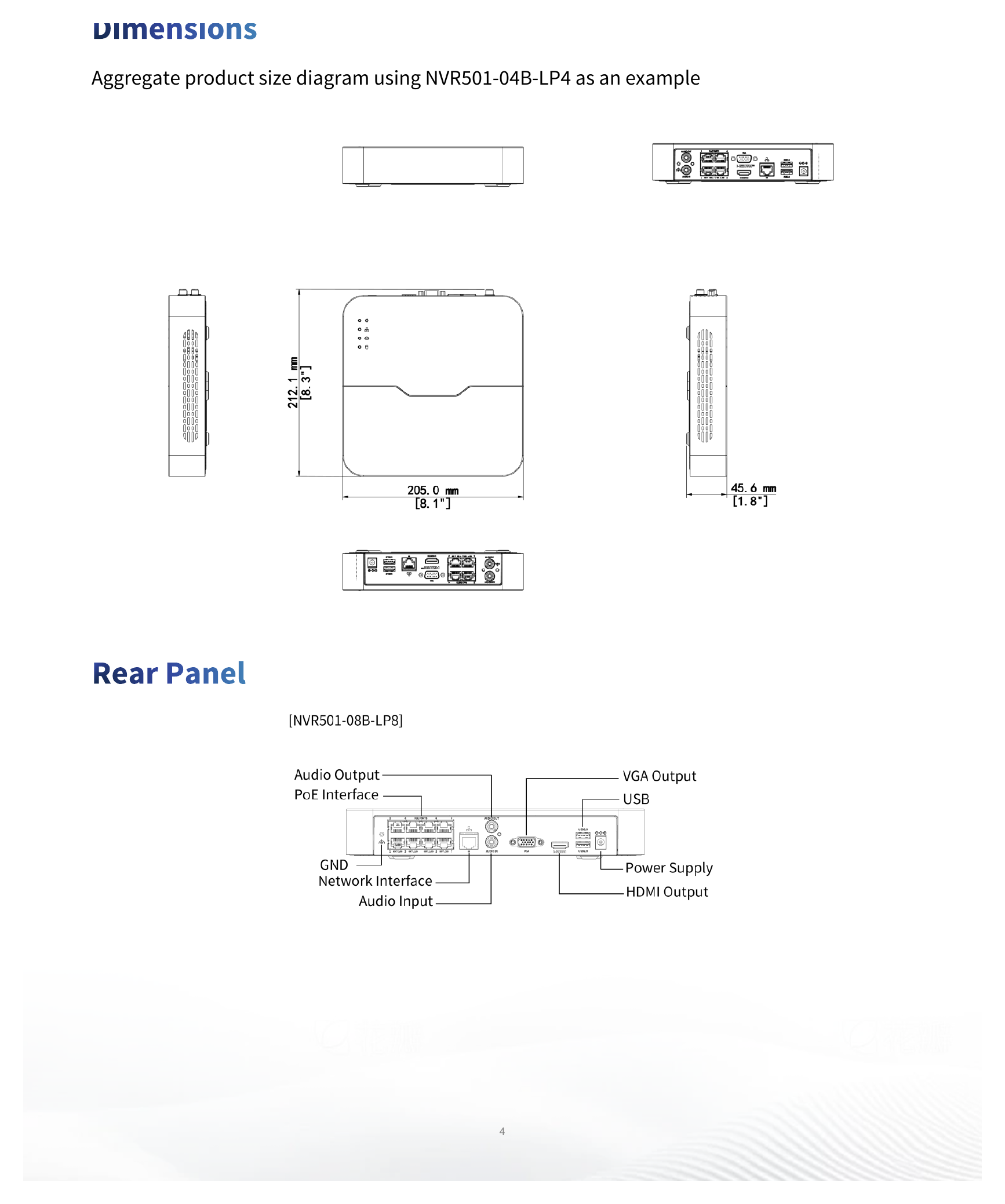 NVR501-04B-LP4 外形尺寸圖 205mm × 212mm × 46mm (8.1"×8.3"×1.8")｜Unit: mm