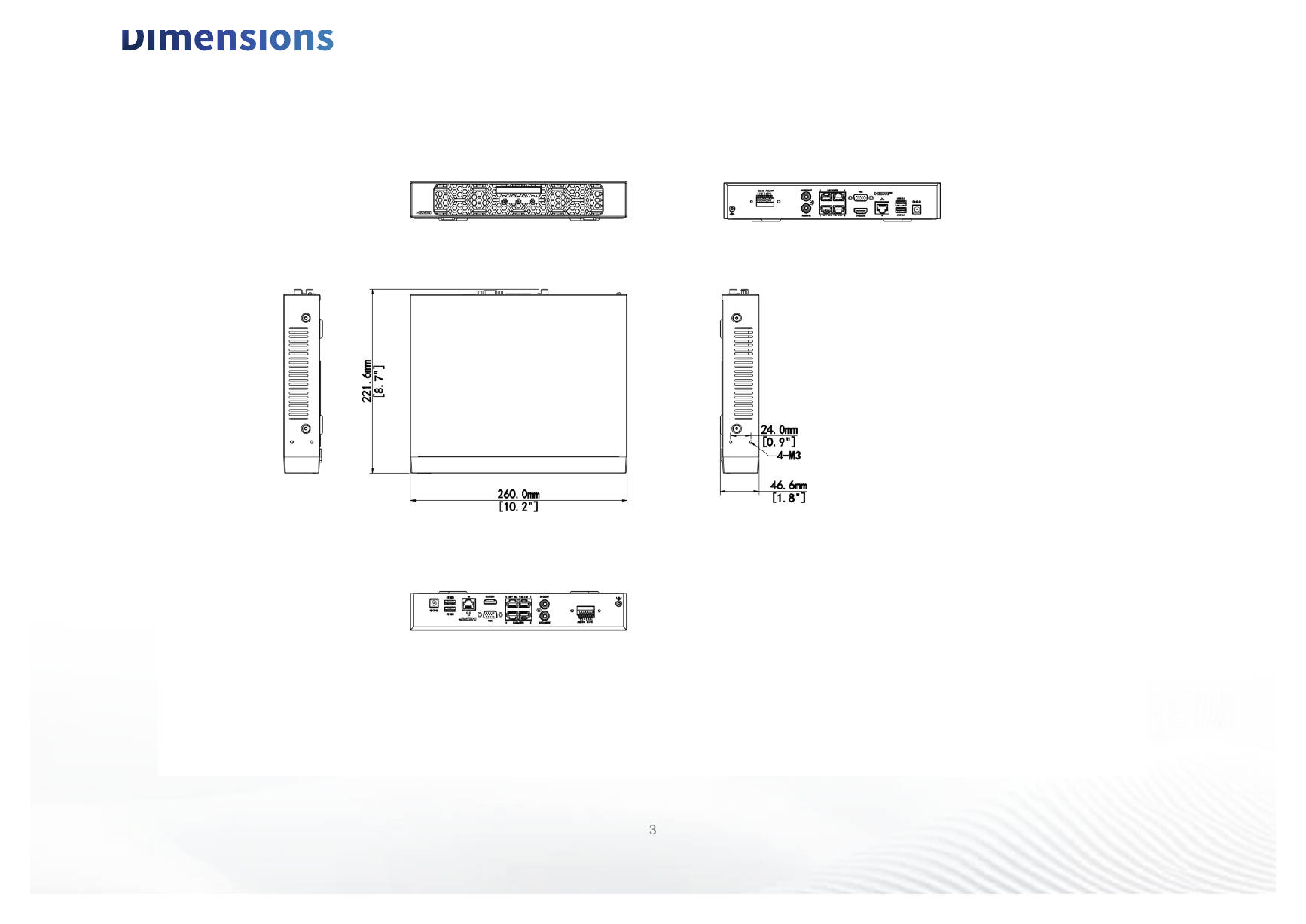 NVR501-04B-P4-A 外形尺寸圖 260mm × 222mm × 47mm (10.2"×8.7"×1.8")｜Unit: mm