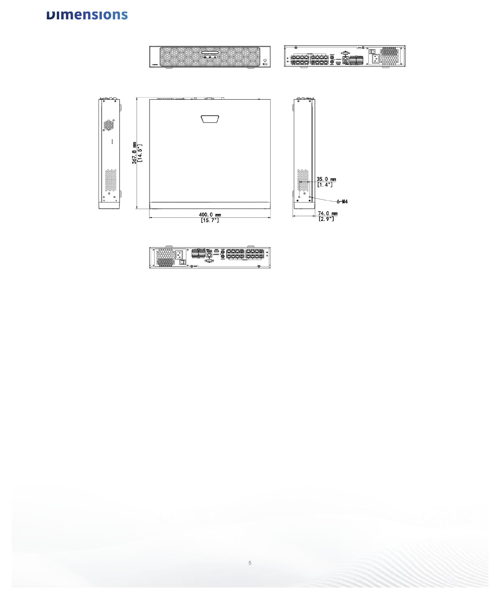 NVR504-16B-P16-IQ 外形尺寸圖 400mm × 368mm × 74mm (15.7"×14.5"×2.9")｜Unit: mm