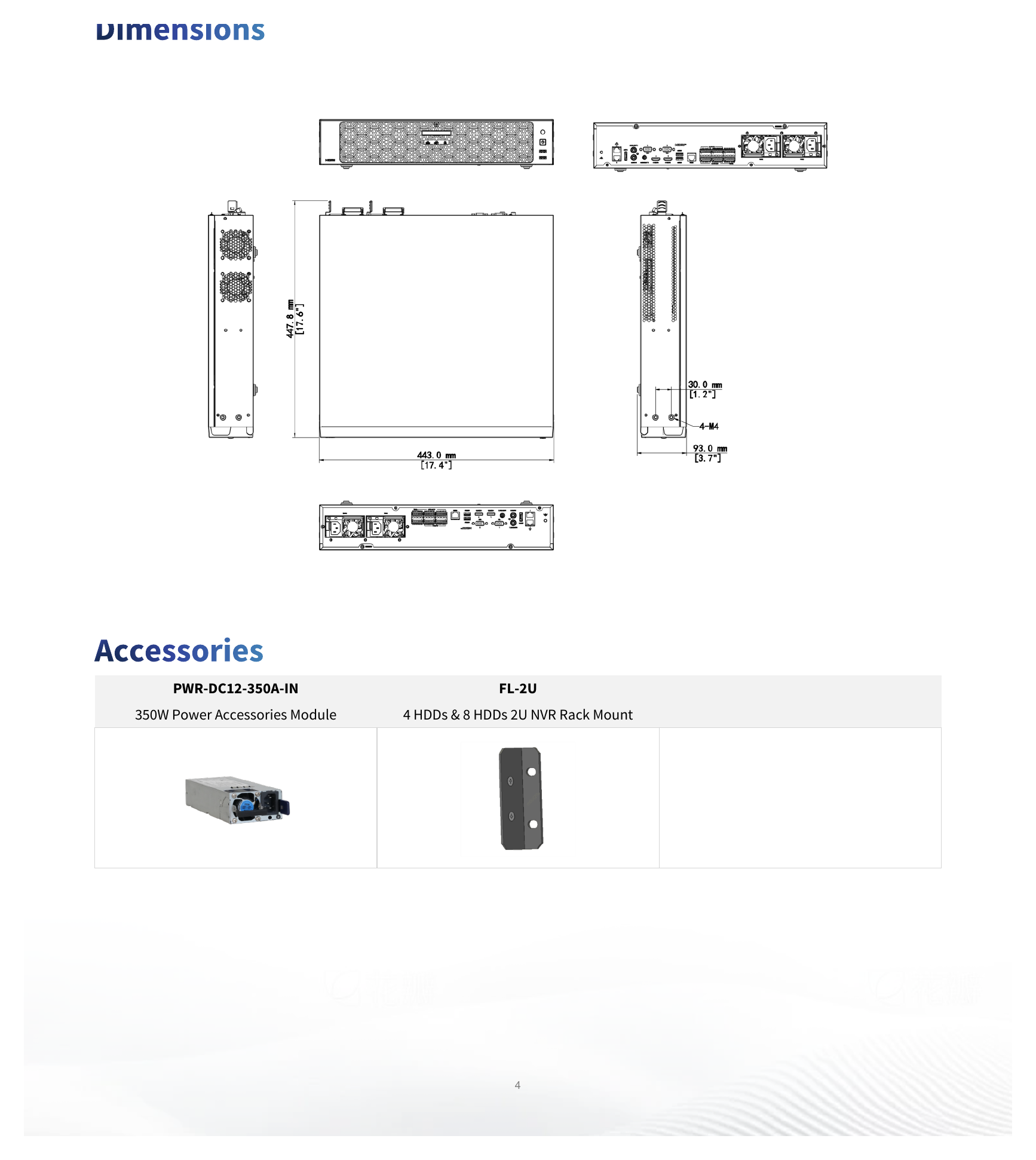 NVR508-32E-R 外形尺寸圖 442mm × 448mm × 93mm (17.4" × 17.6" × 3.7")｜Unit: mm