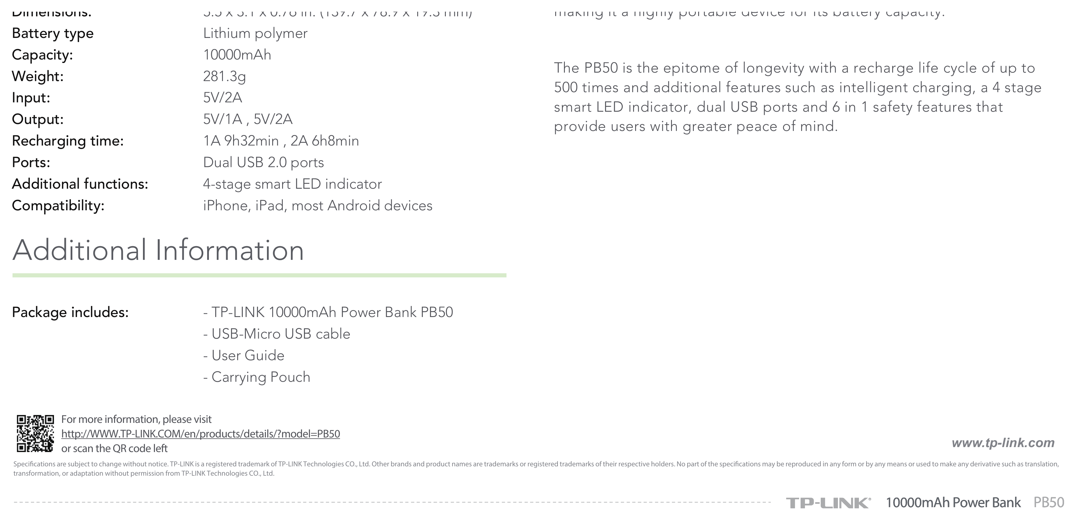 PB50-V1 外形尺寸圖 5.5 x 3.1 x 0.76 in. (139.7 x 78.9 x 19.3 mm) making it a highly portable device for its battery capacity.｜重量 281.3g 500