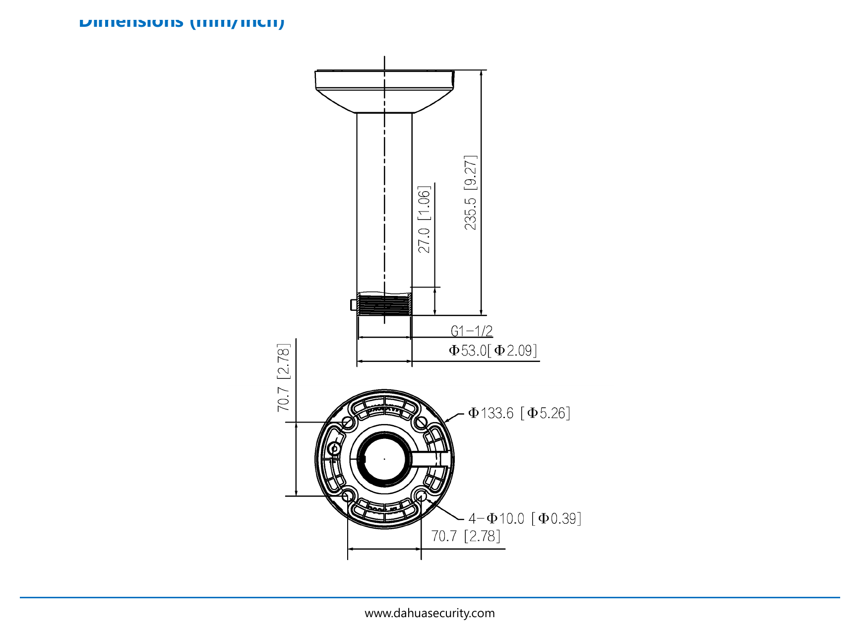 PFB300C 外形尺寸圖 Φ133.6 mm × 235.5 mm (Φ5.26” × 9.27”)|重量 0.78kg(1.72lb)|Unit: mm