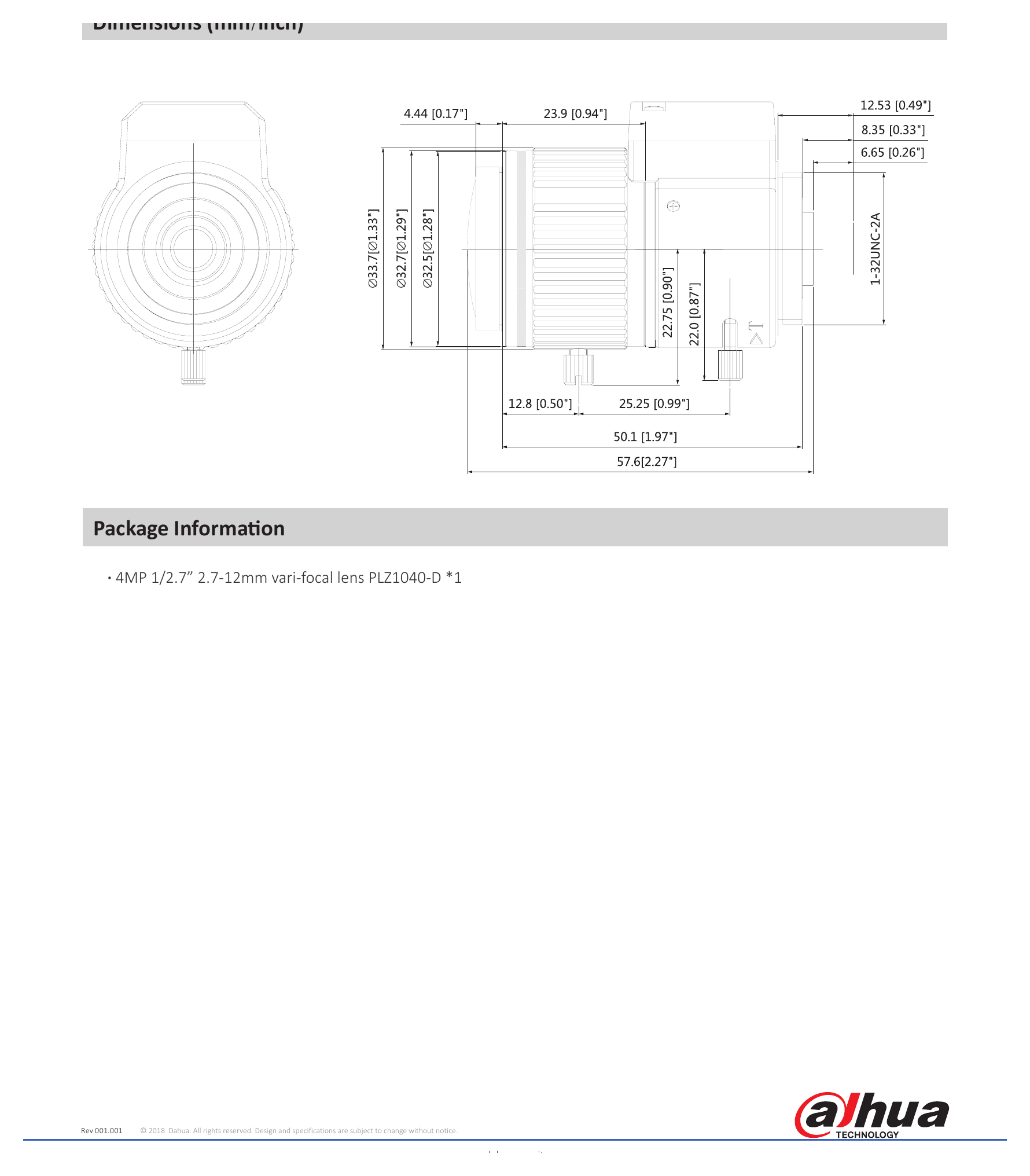 PLZ1040-D 外形尺寸圖 ɸ33.7mmx57.6mm (ɸ1.32”x2.27”)|重量 73.5g (0.16lb)|Unit: mm