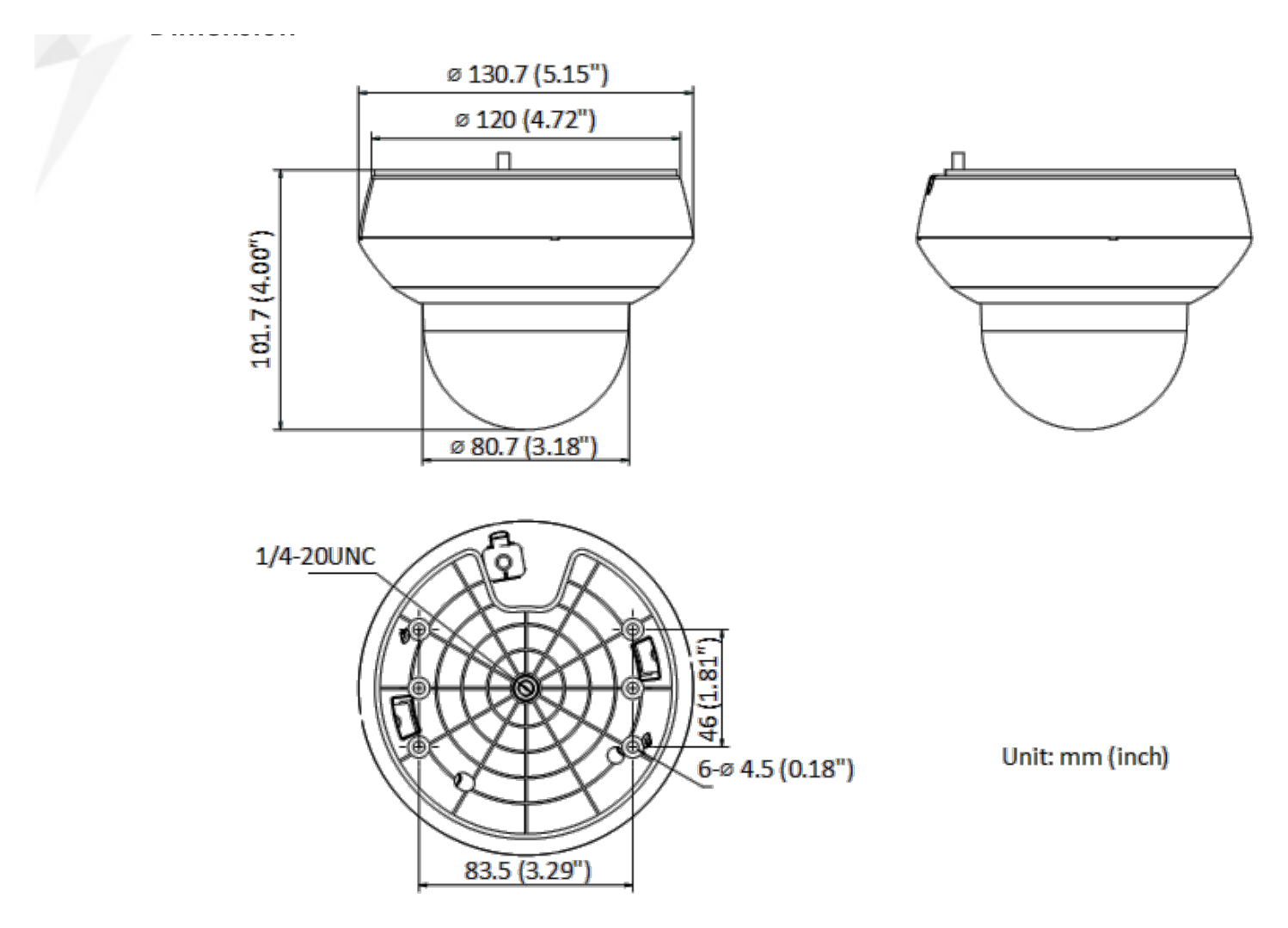 PTZ-N2204I-DE3 外形尺寸圖 Ø 130.7 mm × 101.7 mm (Ø 5.15
