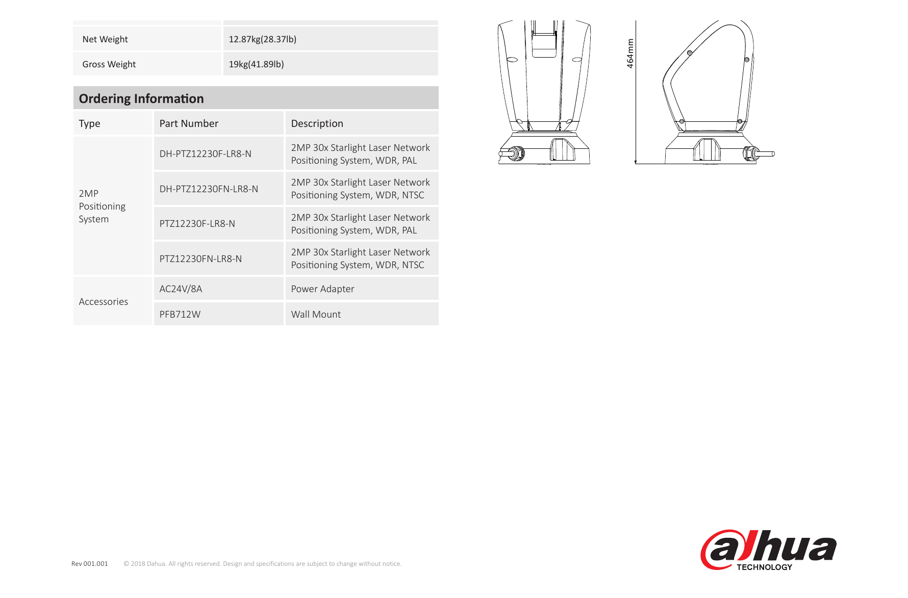 PTZ12230F-LR8-N 外形尺寸圖 Φ252(mm) x 360(mm) x 464(mm)｜Unit: mm