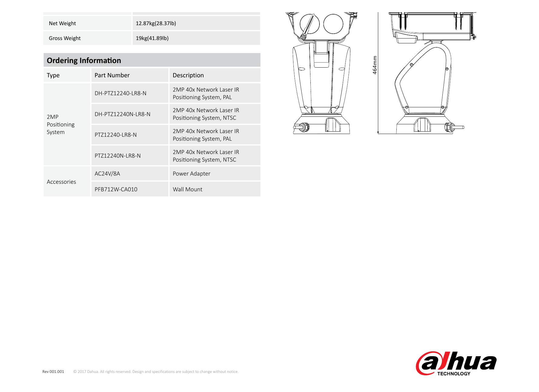 PTZ12240-LR8-N 外形尺寸圖 Φ252(mm) x 360 (mm) x 464 (mm)｜Unit: mm