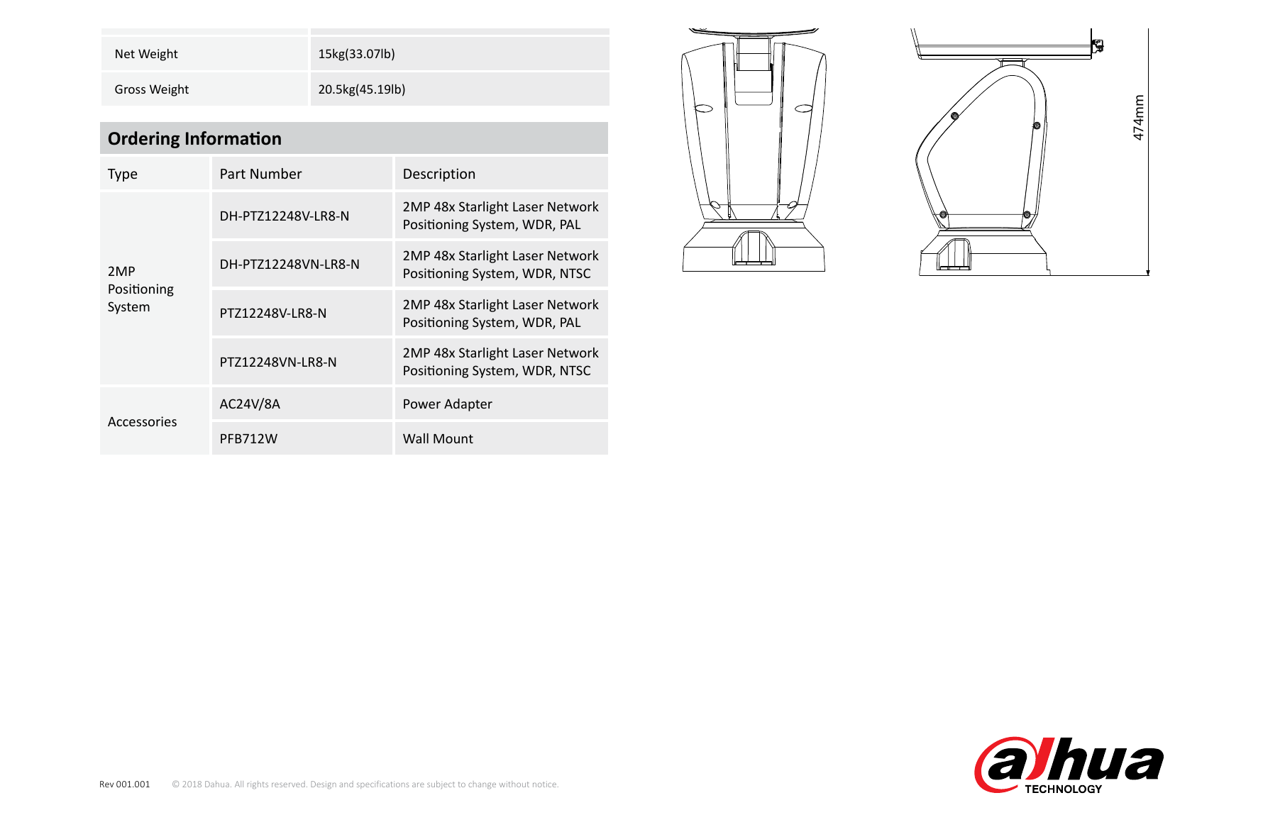 PTZ12248V-LR8-N 外形尺寸圖 Φ252(mm) x 345 (mm) x 474 (mm)｜Unit: mm