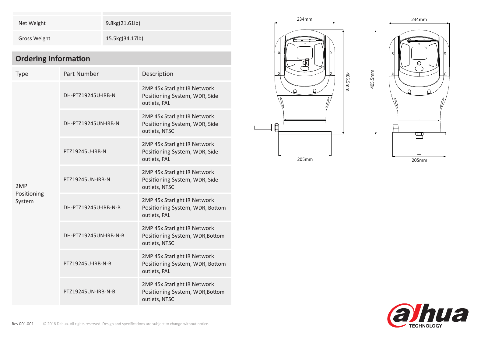 PTZ19245U-IRB-N(-B) 外形尺寸圖 Φ234(mm) x 205(mm) x 405.5(mm) 234mm 234mm｜Unit: mm