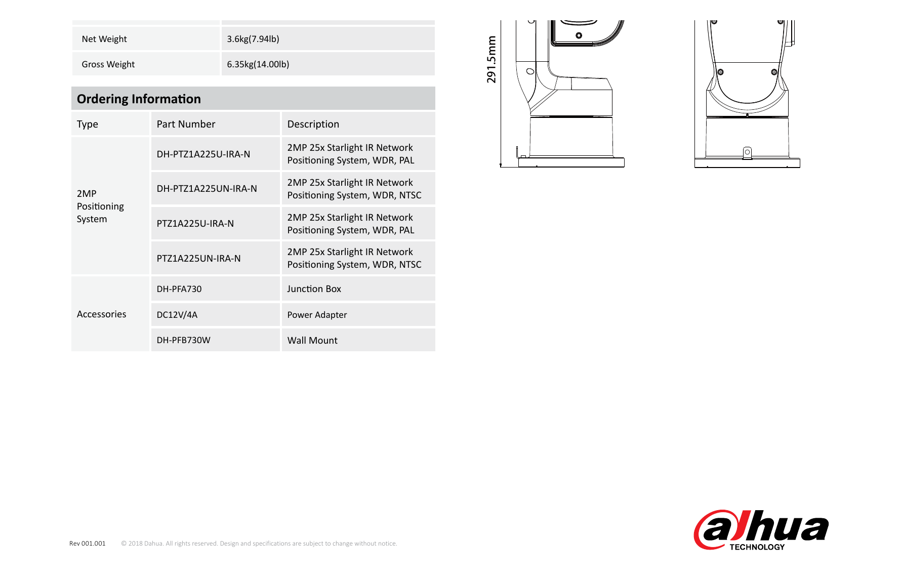 PTZ1A225U-IRA-N 外形尺寸圖 Φ291.5(mm) x 161(mm) x 153.4(mm)｜Unit: mm