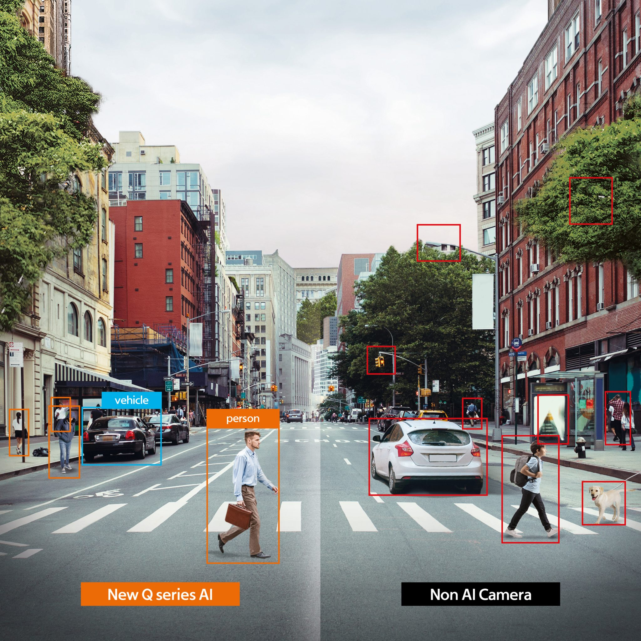Hanwha Q series AI 版與非 AI 攝影機對比：AI 版只偵測人與車，樹木動物不觸發誤報