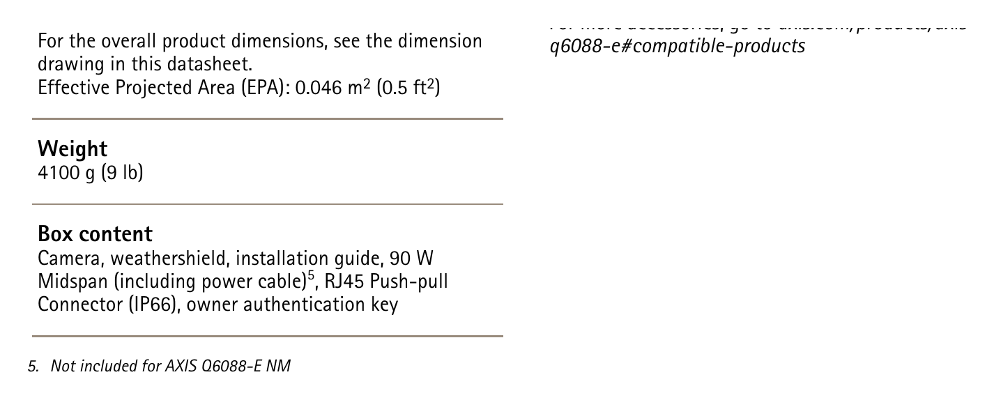 Q6088-E 外形尺寸圖 For more accessories, go to axis.com/products/axis- For the overall product dimensions, see the dimension q6088-e#compat