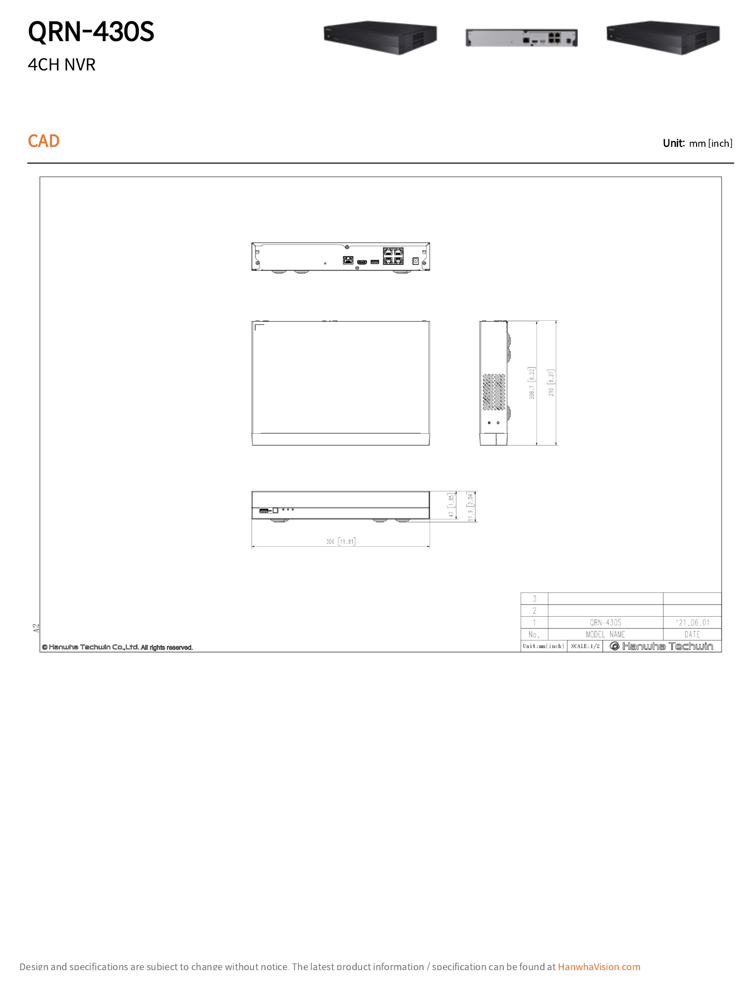 QRN-430S 外形尺寸圖 300.0 x 47.1 x 208.4 mm (11.81 x 1.85 x 8.20 inch)｜重量 1.03Kg(2.27lb) QRN-430S 4CH NVR｜Unit: mm