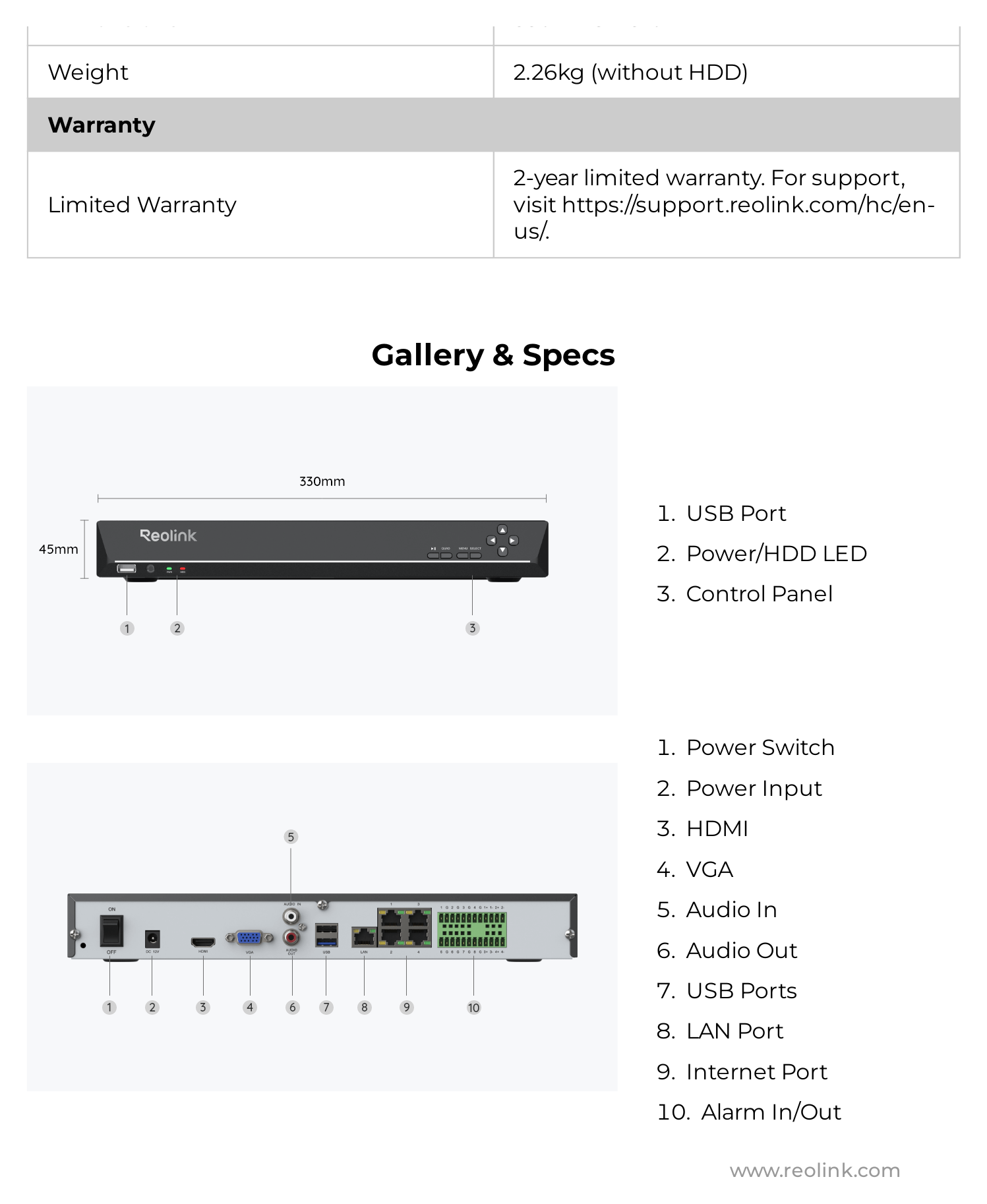 RLN36-1741706717615-RLN36 外形尺寸圖 330 x 48 x 310mm｜重量 2.26kg (without HDD) 2-year limited warranty. For support,｜Unit: mm
