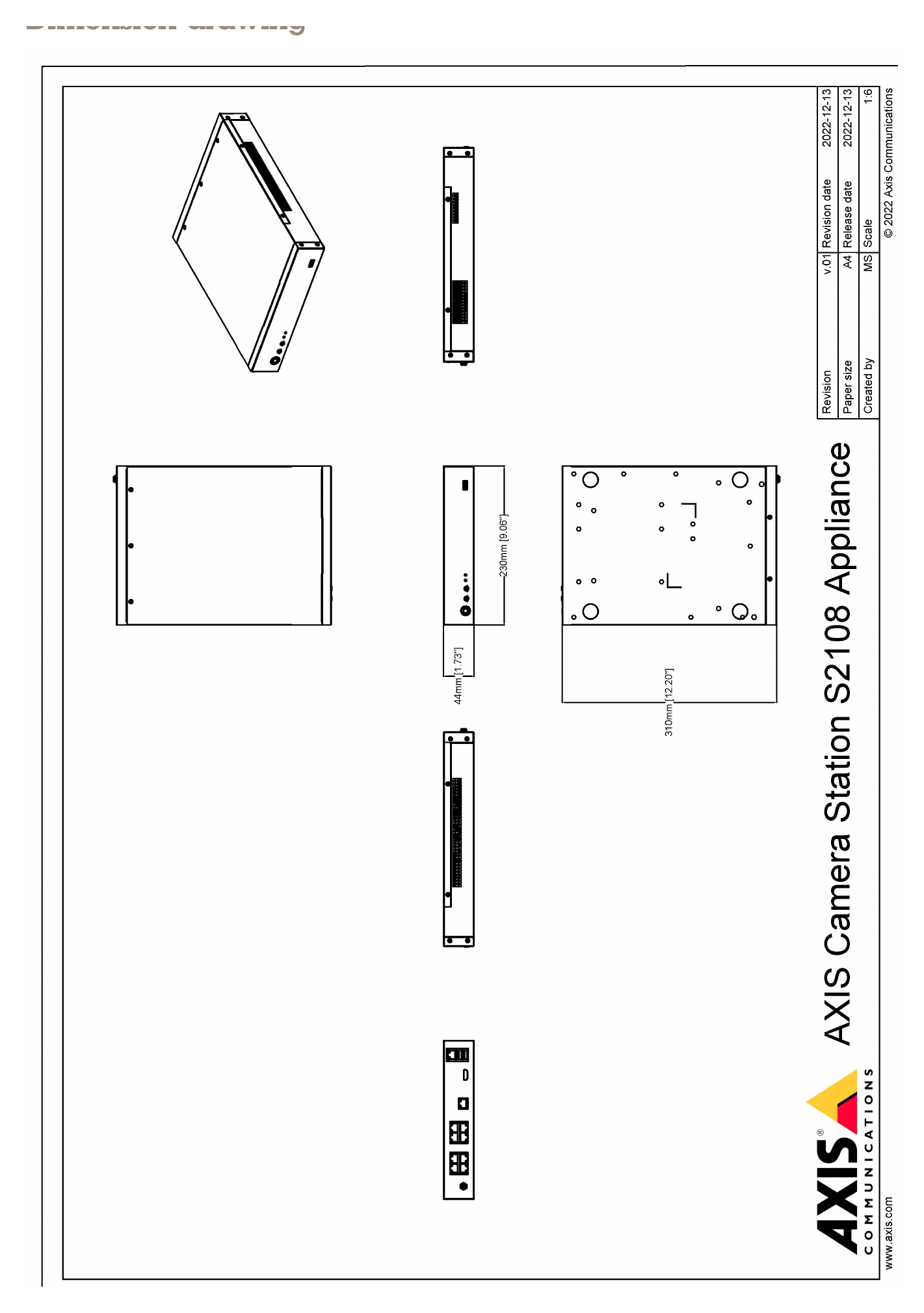 S2108 外形尺寸圖 310 x 230 x 44 mm (12.21 x 9.06 x 1.74 in)｜Unit: mm