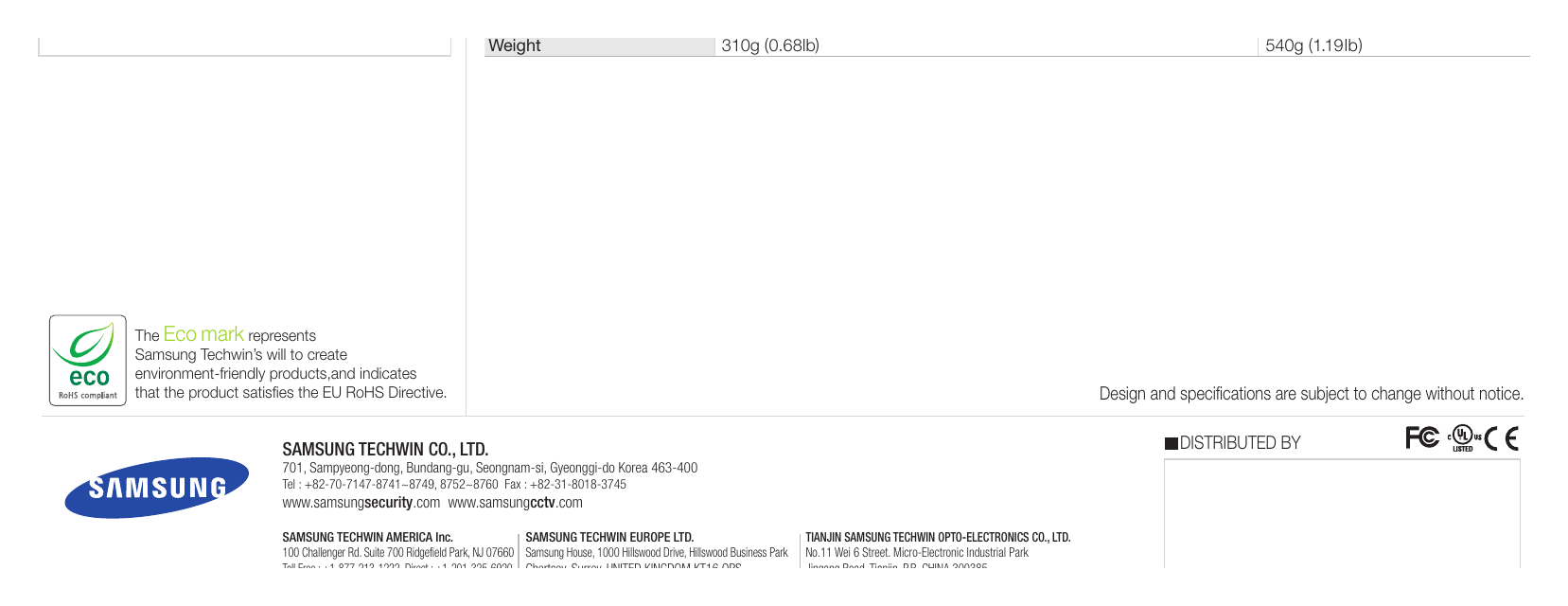 SCB-2002-ENG-2P 外形尺寸圖 Unit : mm (inch) PIP Off / On｜重量 310g (0.68lb) 540g (1.19lb) The Eco mark represents Samsung Techwin’s will to create en