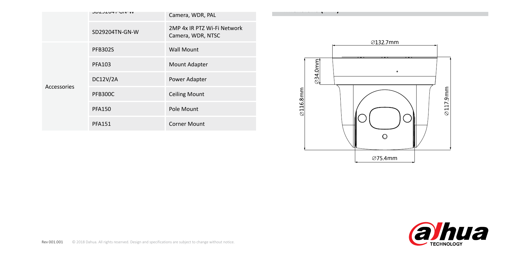 SD29204T-GN-W 外形尺寸圖 Φ132.7 (mm) x 117.9 (mm)｜Unit: mm