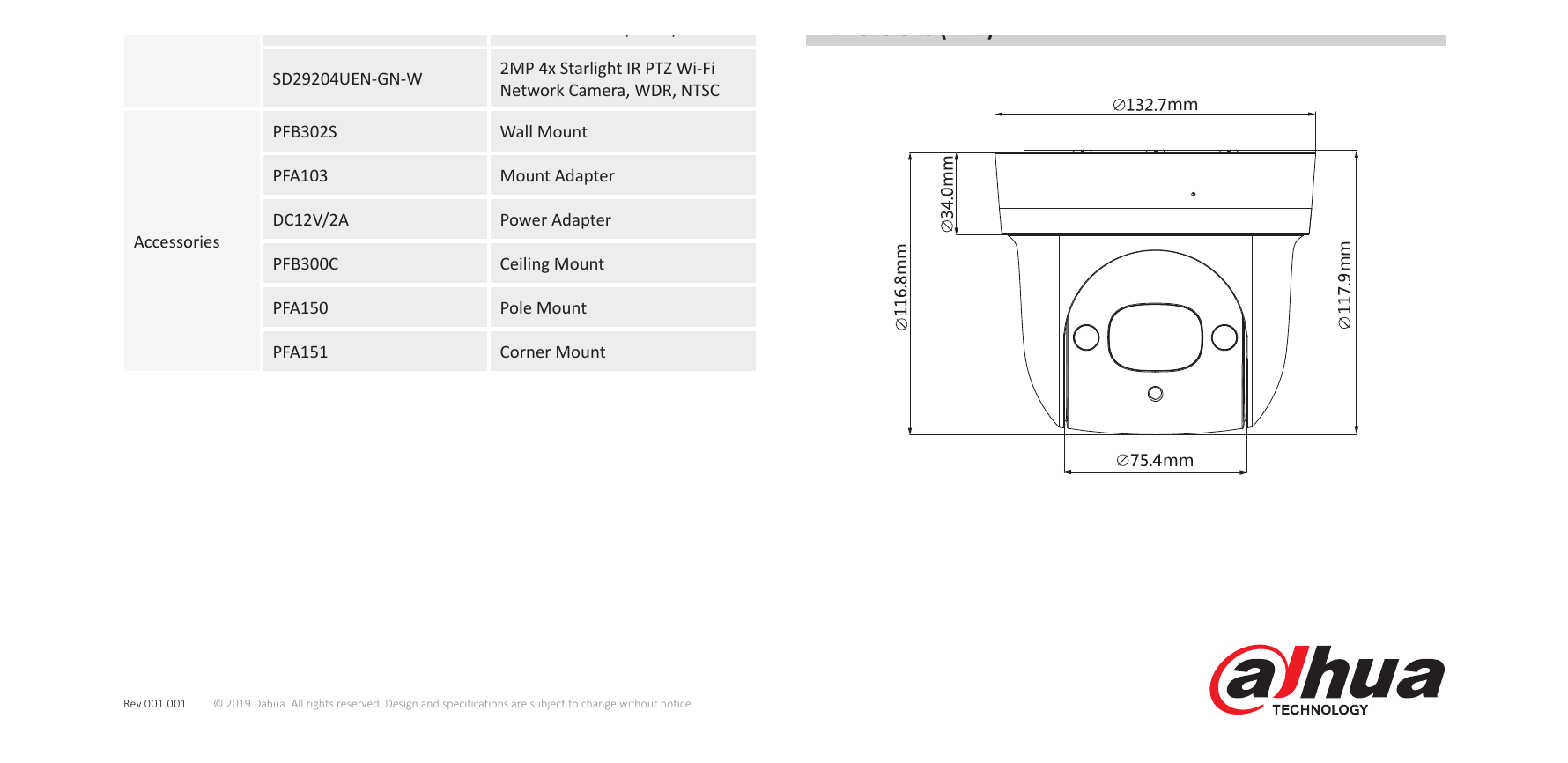 SD29204UE-GN-W 外形尺寸圖 Φ132.7 (mm) x 117.9 (mm)｜Unit: mm