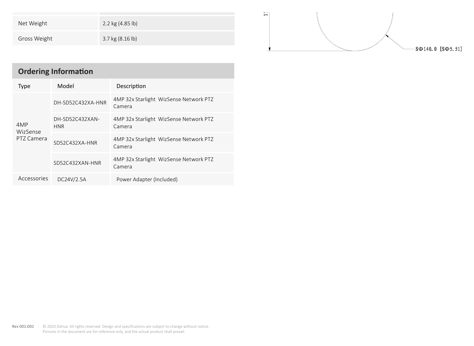 SD52C432XA-HNR 外形尺寸圖 Φ186 mm x 253 mm (Φ7.32" x 9.96")｜Unit: mm