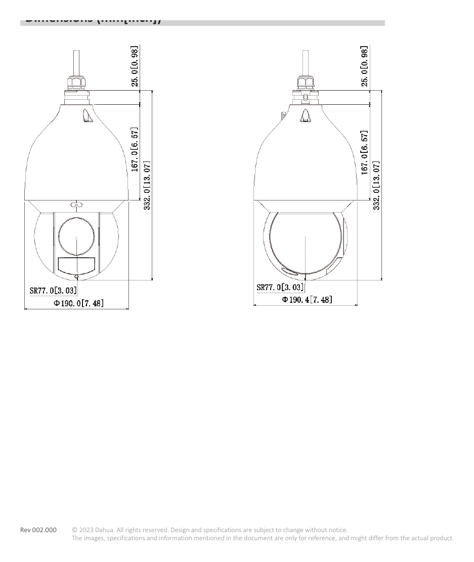 SD5A425XA-HNR-S0 外形尺寸圖 Φ190 mm × 332 mm (7.48" × 13.07“) Wall Mount Bracket Power Adapter Net Weight: 4.7 kg (10.36 lb)｜Unit: mm
