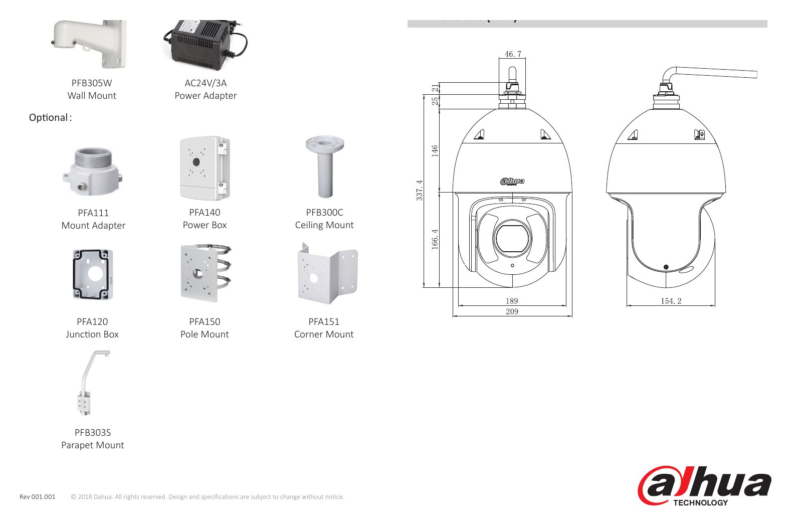 SD6CE430I-HC(-S3) 外形尺寸圖 φ209×337.4mm Activate Preset/ Scan/ Tour/ Pattern if there is no Idle Motion command in the specified period｜Unit: mm