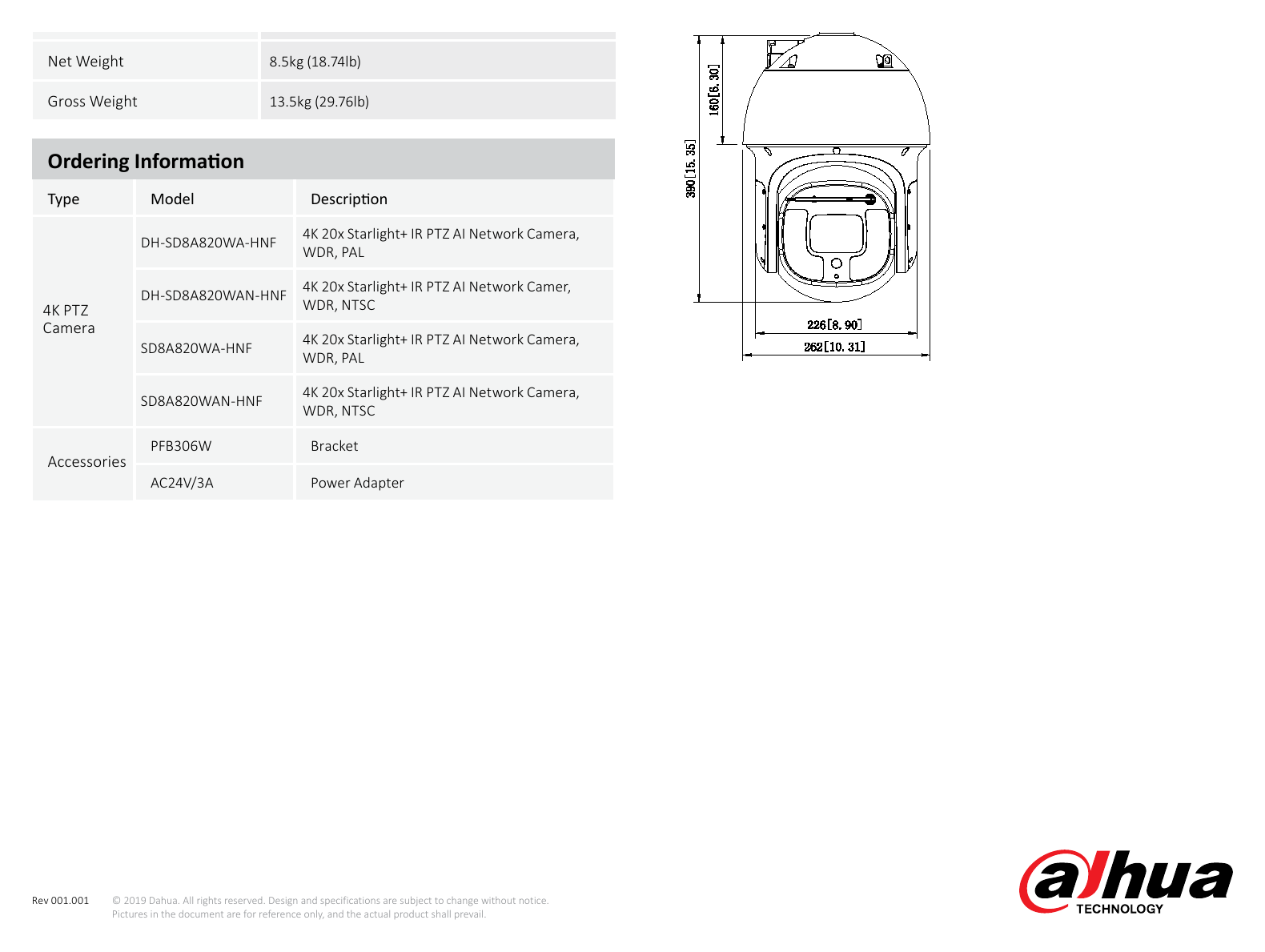 SD8A820WA-HNF 外形尺寸圖 Φ262mm×415.6mm (10.31"×16.36“)｜Unit: mm
