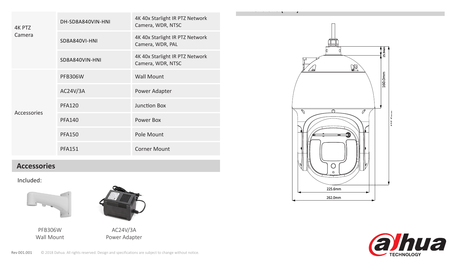 SD8A840VI-HNI 外形尺寸圖 Φ262(mm) x 415.6 (mm) PFB306W + PFA151 PFB306W + PFA150｜Unit: mm