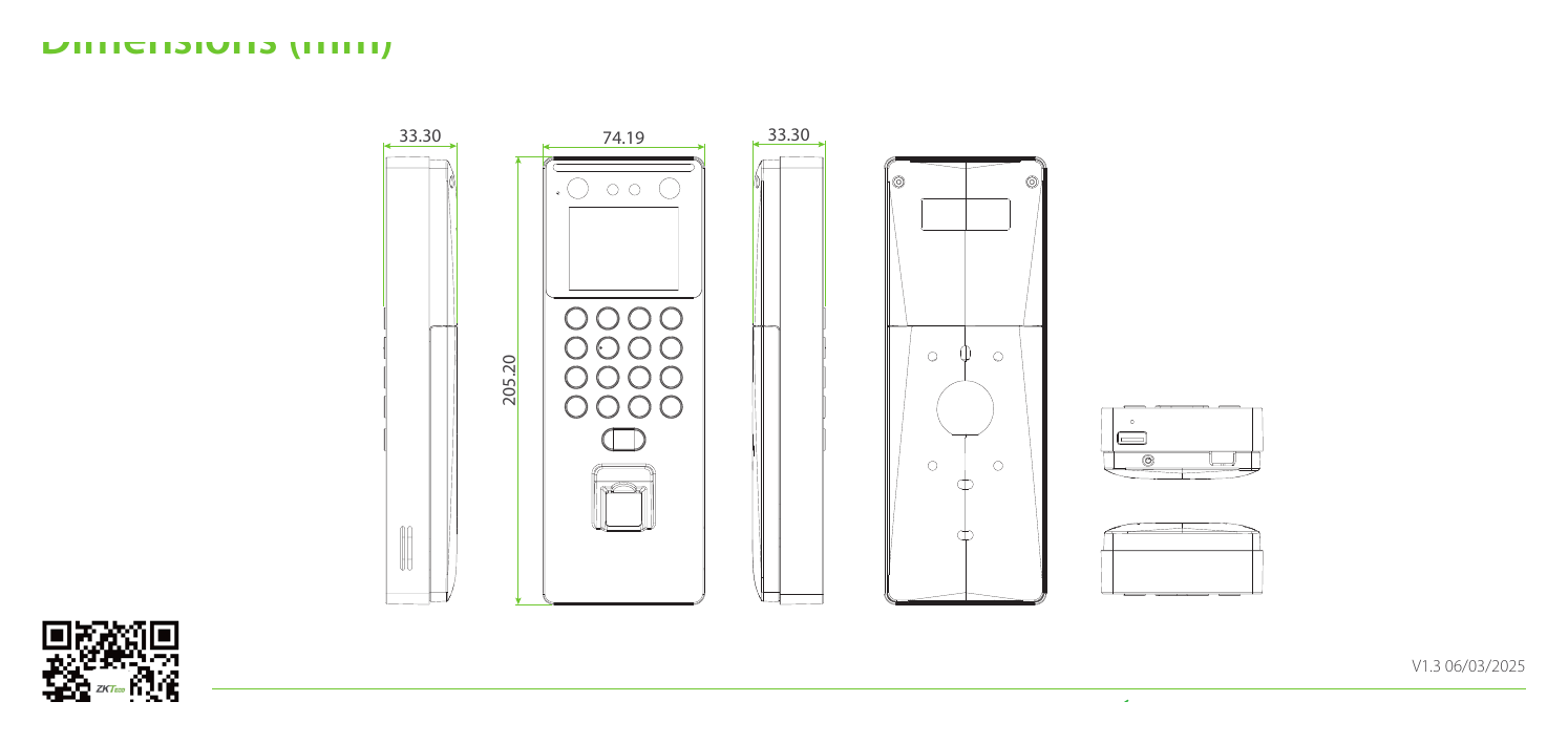 SENSEFACE2A 外形尺寸圖 205.20 mm*74.19 mm*33.30 mm (L*W*H)｜Unit: mm