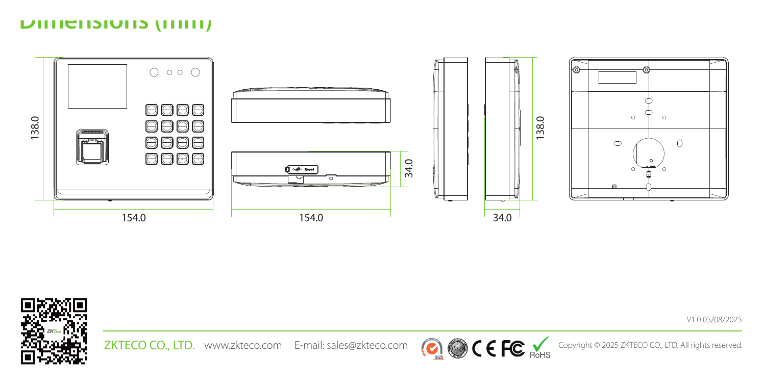SENSEFP_M2_SENSEFACE_M2F_LR 外形尺寸圖 154 mm*138 mm*34 mm (L*W*H)｜Unit: mm