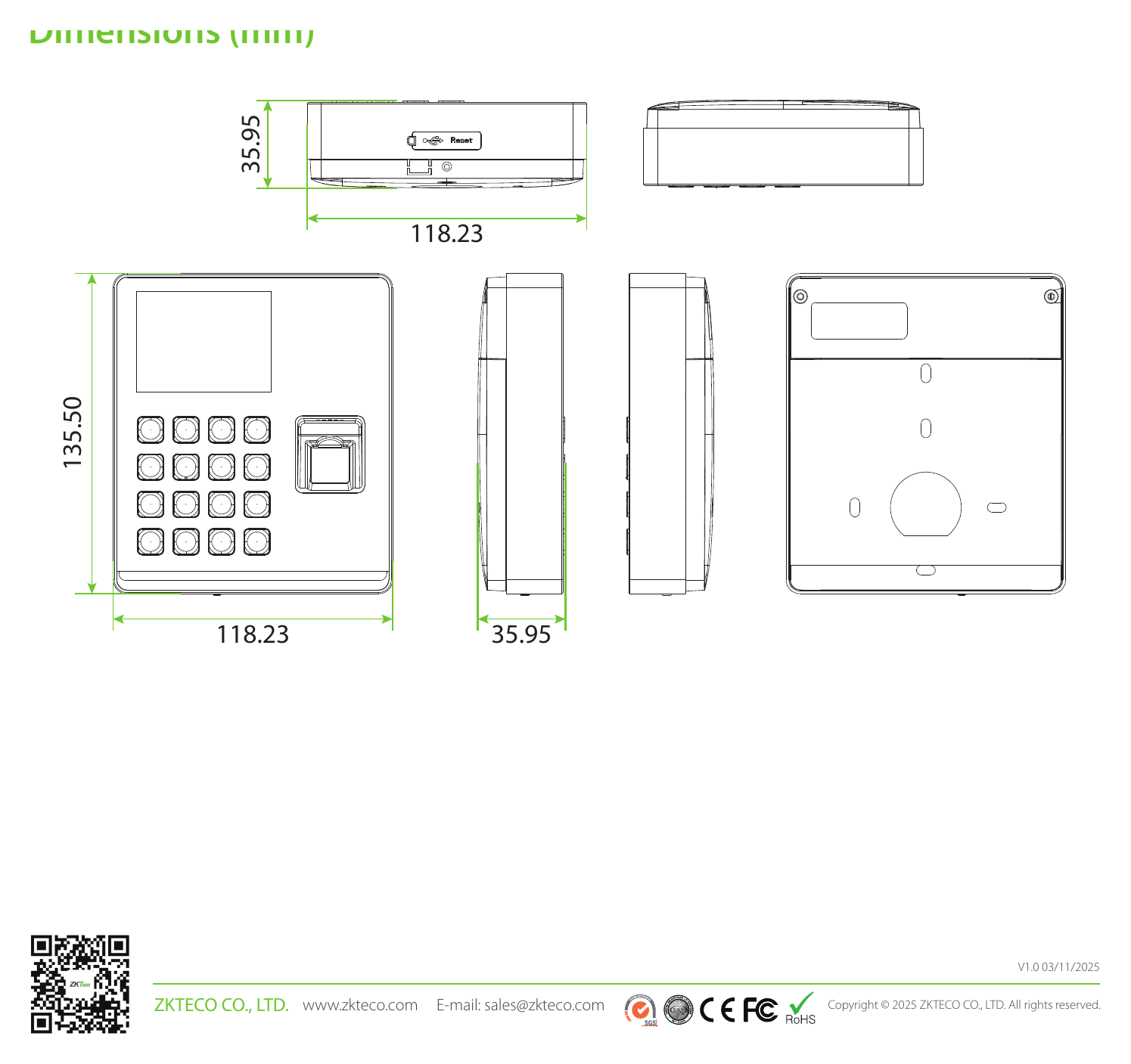 SENSEFPM1 外形尺寸圖 135.5 mm*118.23 mm*35.95 mm (L*W*H)｜Unit: mm