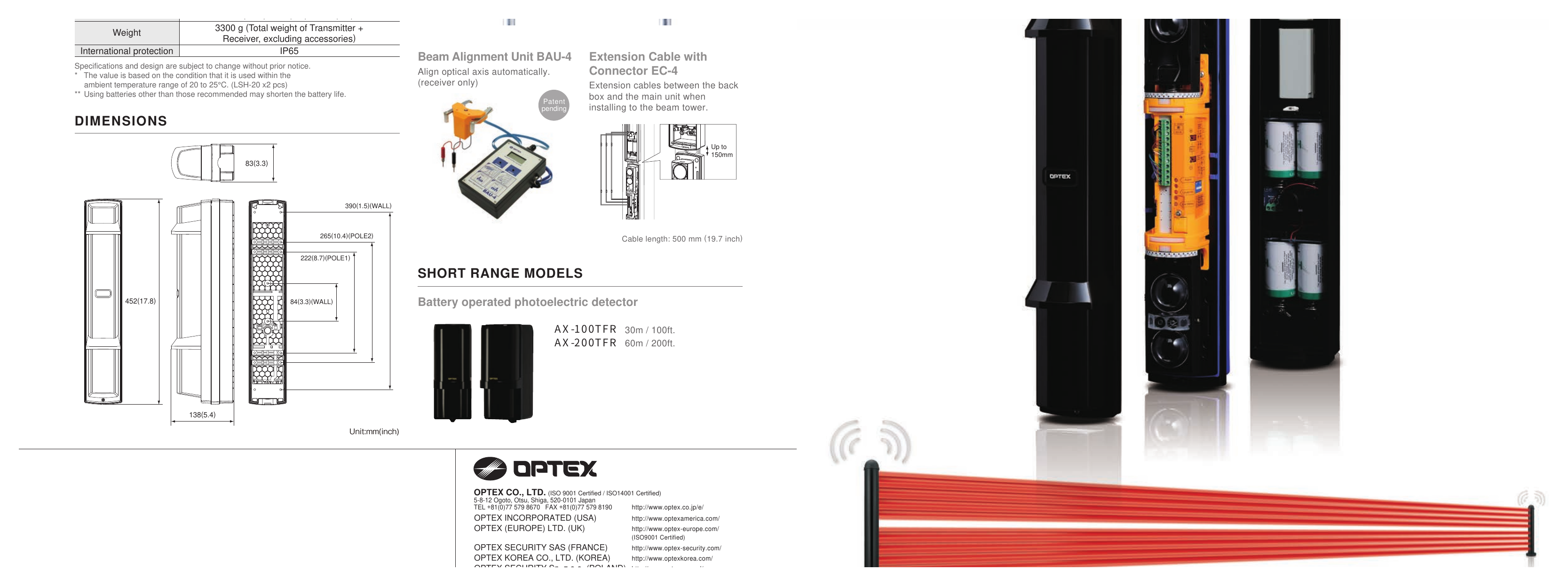 SL-350QFR 外形尺寸圖 H x W x D mm(inch): 452 (17.9) x 83 (3.3) x 138 (5.4)｜重量 3300 g (Total weight of Transmitter + Receiver, excluding acces