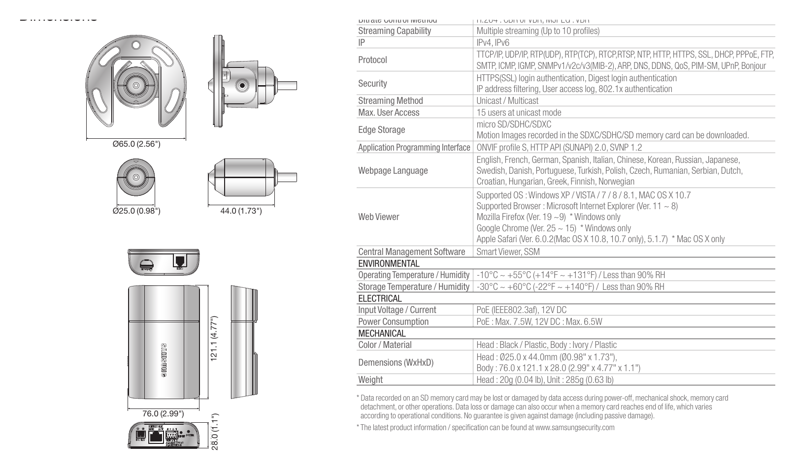 SNB-6010 外形尺寸圖 Unit : mm (inch)｜重量 Head : 20g (0.04 lb), Unit : 285g (0.63 lb) * Data recorded on an SD memory card may be lost or dama