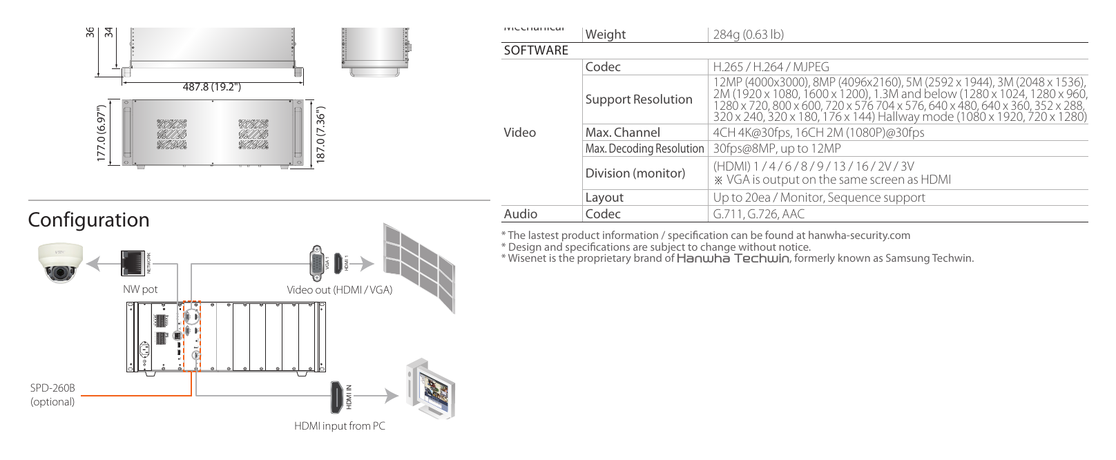 SPD-260B 外形尺寸圖 Unit : mm (inch)｜重量 284g (0.63 lb) SOFTWARE｜Unit: mm