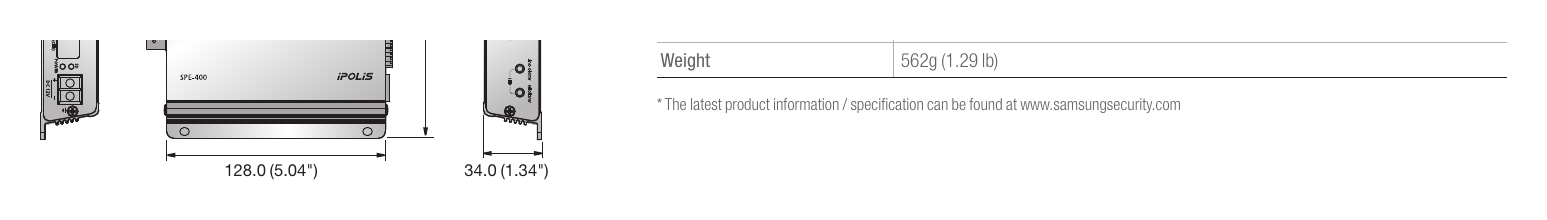SPE-400 外形尺寸圖 Unit : mm (inch)｜重量 562g (1.29 lb) * The latest product information / specification can be found at www.samsungsecurity.