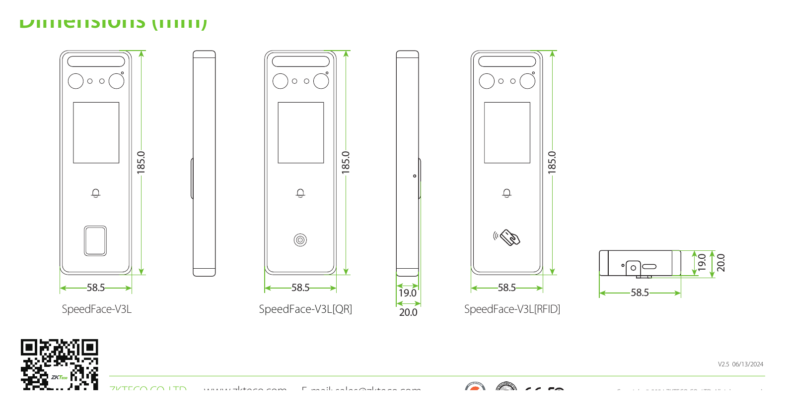 SPEEDFACE-V3L 外形尺寸圖 185*58.5*20mm (L*W*H)｜Unit: mm