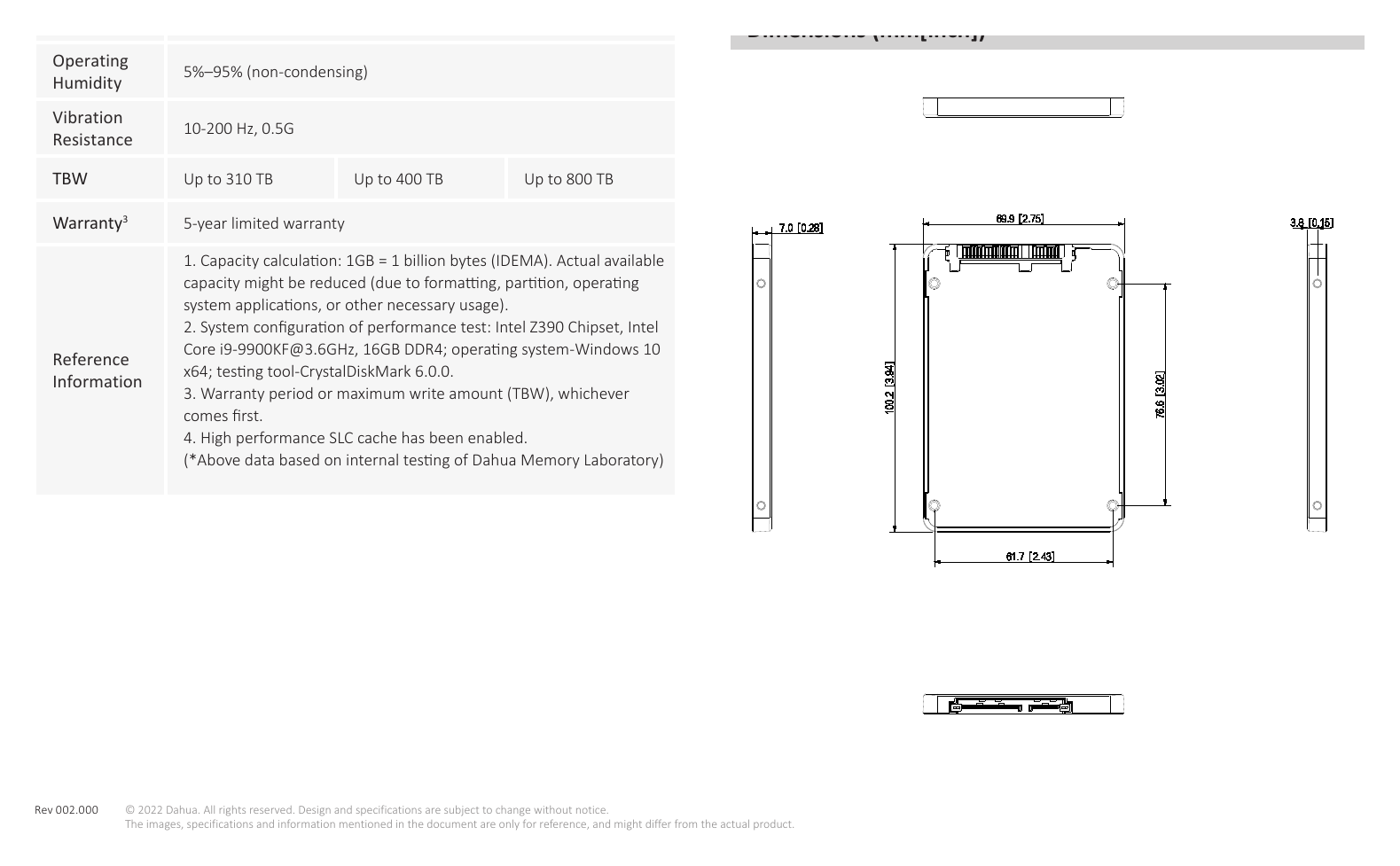 SSD-C800AS240G 外形尺寸圖 DHI-SSD-C800AS960G Drive 960G Dramless 0~70°C Packaging 140.50 mm × 105.50 mm × 15.50 mm (5.53" × 4.15" × 0.61") Dahua 2