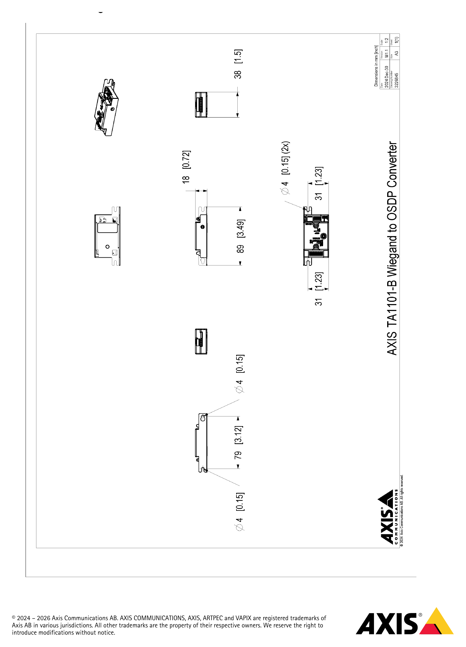TA1101-B-WIEGAND-TO-OSDP-CONVERTER 外形尺寸圖 axis.com/environmental-responsibility For the overall product dimensions, see the dimension Axis Communications is a sig