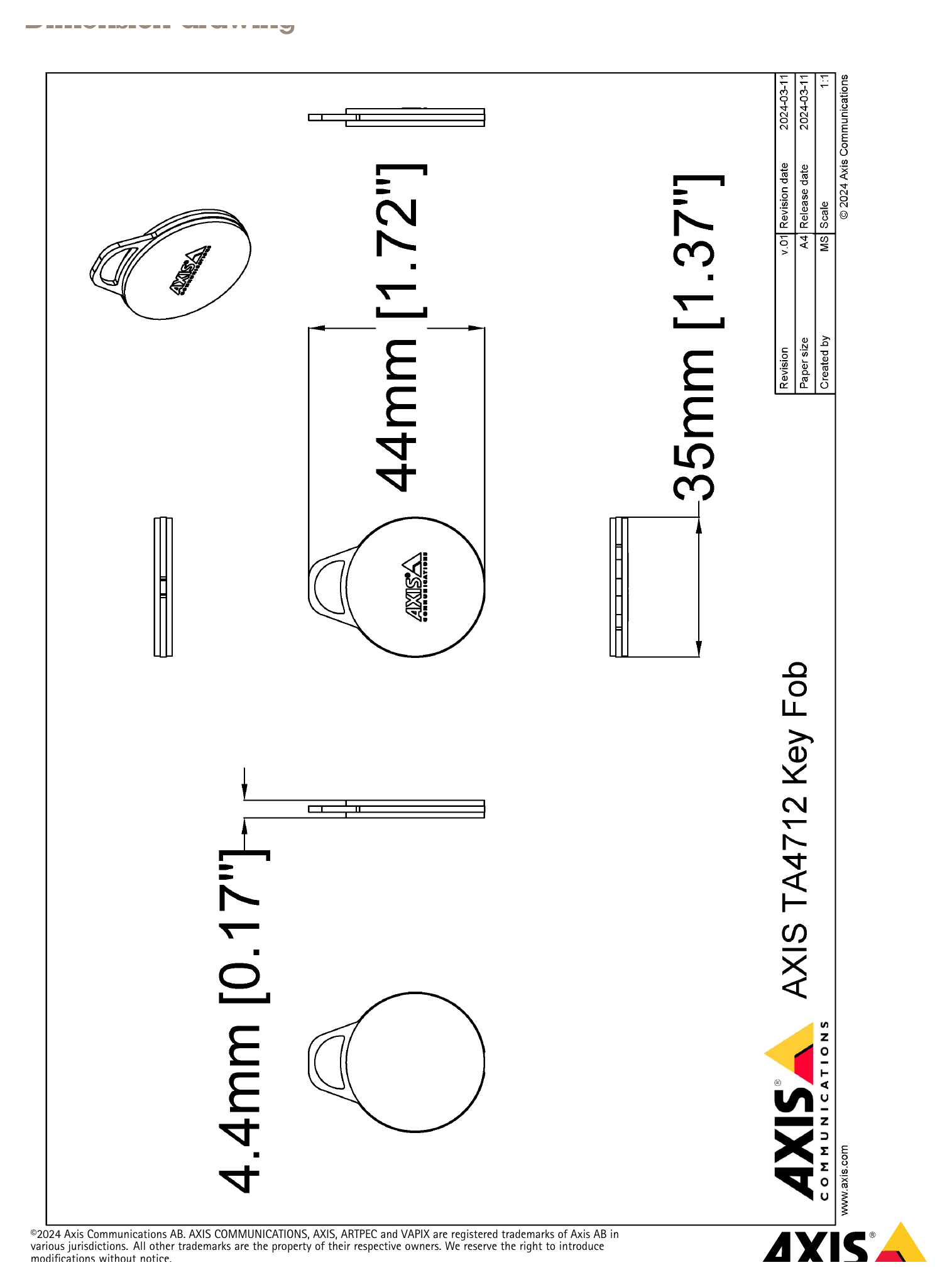 TA4712-KEY-FOB 外形尺寸圖 For the overall product dimensions, see the dimension drawing in this datasheet.｜重量 50 psc: 350 g (12.3 oz)｜Unit: mm