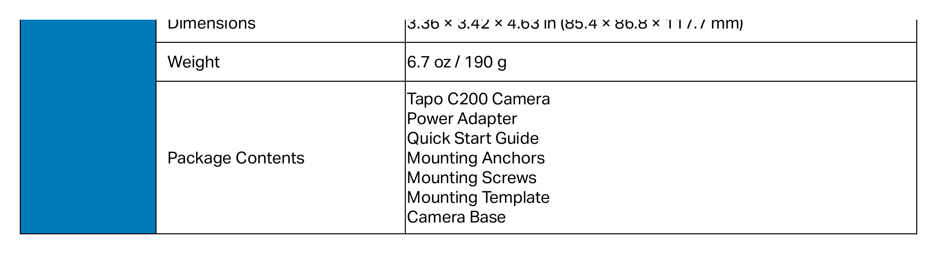 TAPO-C200 外形尺寸圖 3.36 × 3.42 × 4.63 in (85.4 × 86.8 × 117.7 mm)｜重量 6.7 oz / 190 g Tapo C200 Camera Power Adapter Quick Start Guide｜Unit: