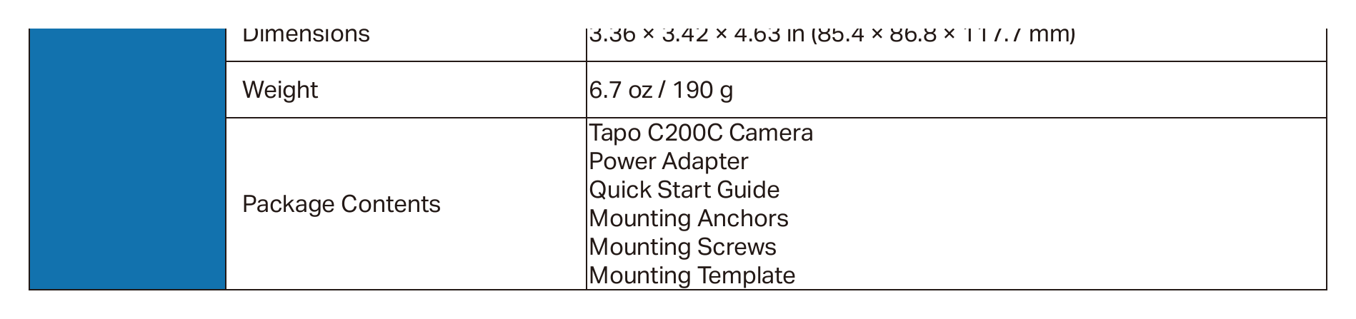 TAPO-C200C 外形尺寸圖 3.36 × 3.42 × 4.63 in (85.4 × 86.8 × 117.7 mm)｜重量 6.7 oz / 190 g Tapo C200C Camera Power Adapter Quick Start Guide Packa