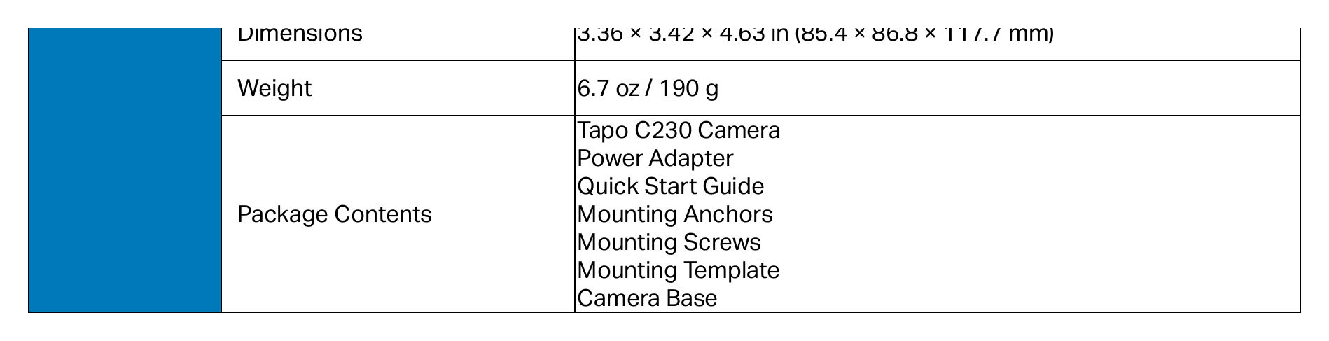 TAPO-C230 外形尺寸圖 3.36 × 3.42 × 4.63 in (85.4 × 86.8 × 117.7 mm)｜重量 6.7 oz / 190 g Tapo C230 Camera Power Adapter Quick Start Guide｜Unit: