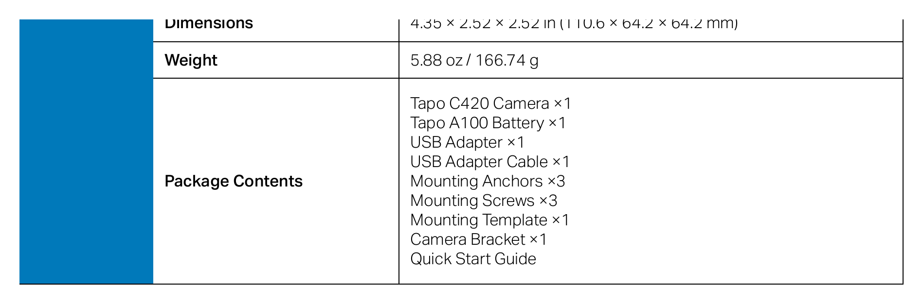 TAPO-C420 外形尺寸圖 4.35 × 2.52 × 2.52 in (110.6 × 64.2 × 64.2 mm)｜重量 5.88 oz / 166.74 g Tapo C420 Camera ×1 Tapo A100 Battery ×1 USB Adapte