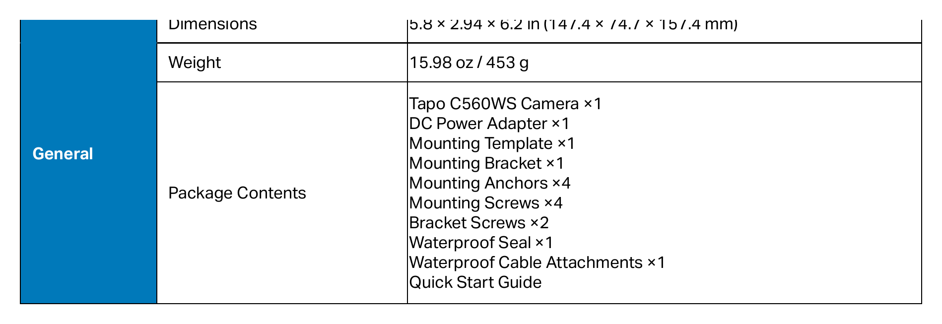 TAPO-C560WS 外形尺寸圖 5.8 × 2.94 × 6.2 in (147.4 × 74.7 × 157.4 mm)｜重量 15.98 oz / 453 g Tapo C560WS Camera ×1 DC Power Adapter ×1 Mounting Tem