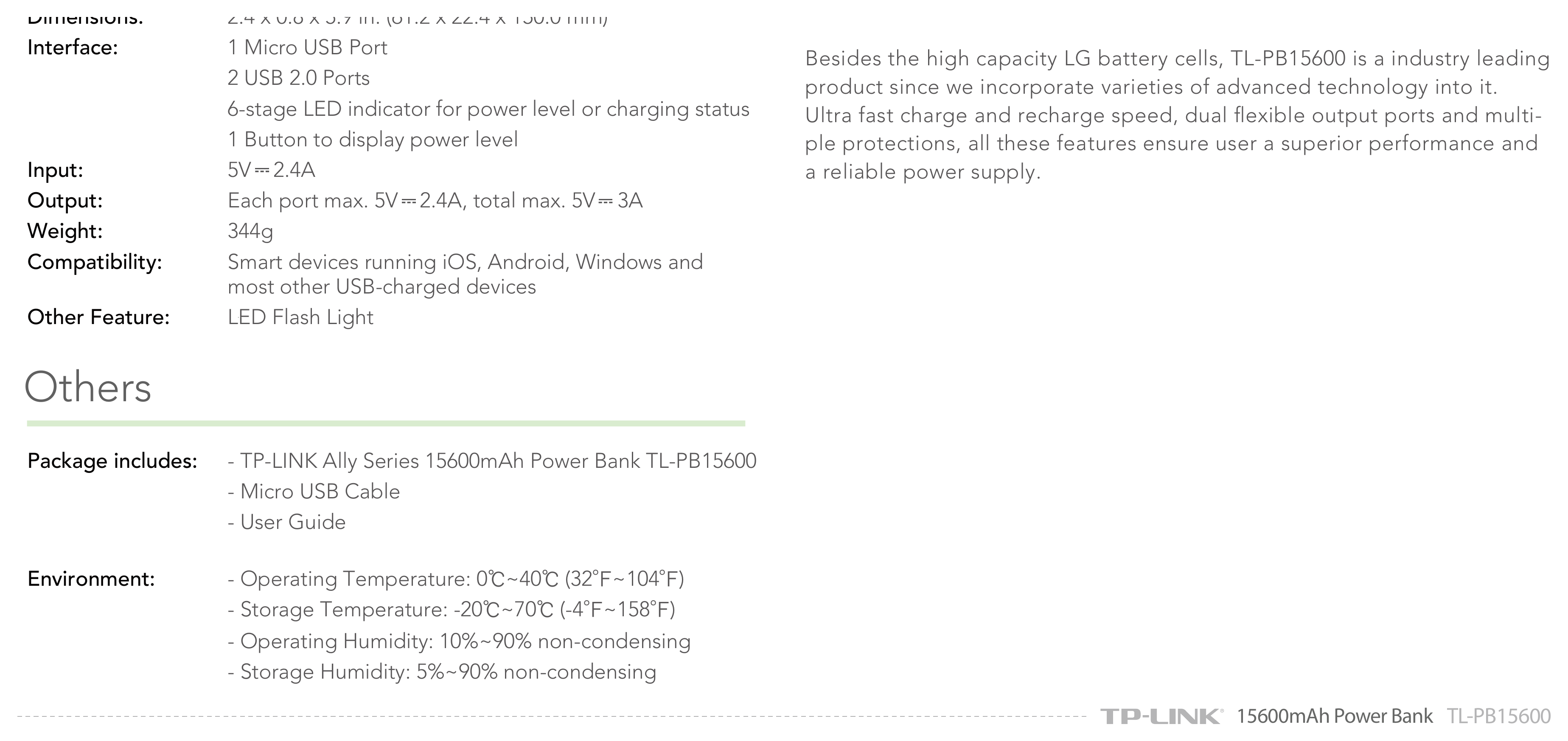 TL-PB15600(UN)-1.0 外形尺寸圖 2.4 x 0.8 x 5.9 in. (61.2 x 22.4 x 150.0 mm)｜重量 344g｜Unit: mm