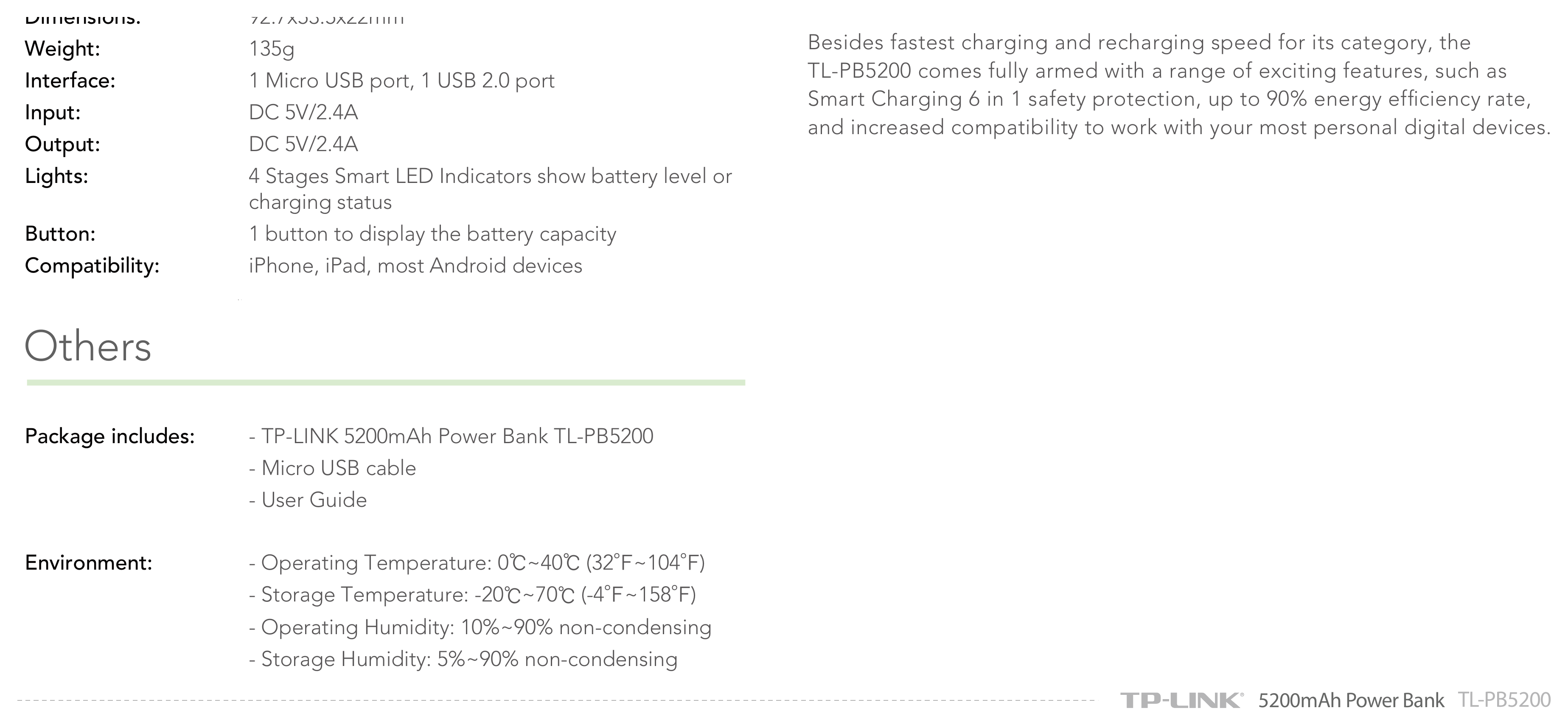 TL-PB5200-V1 外形尺寸圖 92.7x53.5x22mm｜重量 135g Besides fastest charging and recharging speed for its category, the｜Unit: mm