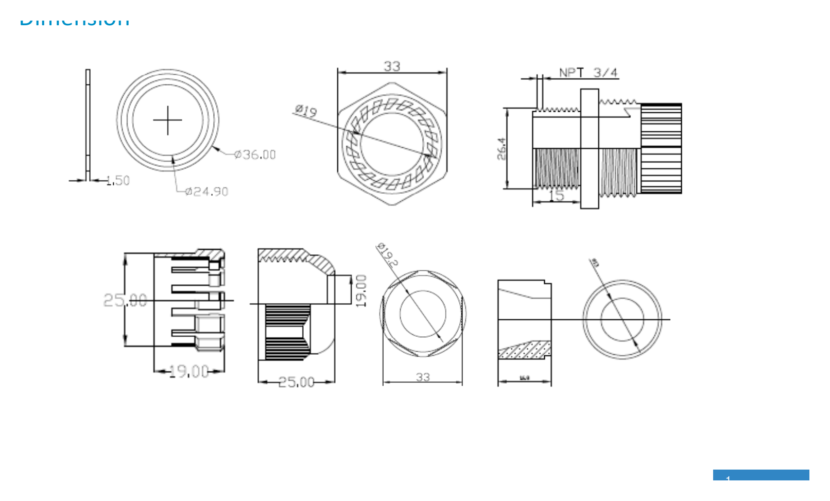 TR-A01-IN-PLASTIC-WATERPROOF-JOINT 外形尺寸圖 Ø 37 × 46mm (Ø 1.46” × 1.81”)｜重量 0.023kg (0.05lb)｜Unit: mm