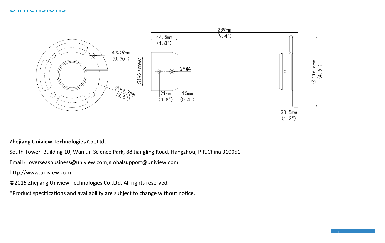 TR-CE45-IN-DOME-PENDANT-MOUNT 外形尺寸圖 Φ116.5mmx239mm(Φ4.6” x9.4”)｜重量 0.67kg(1.5lb)｜Unit: mm