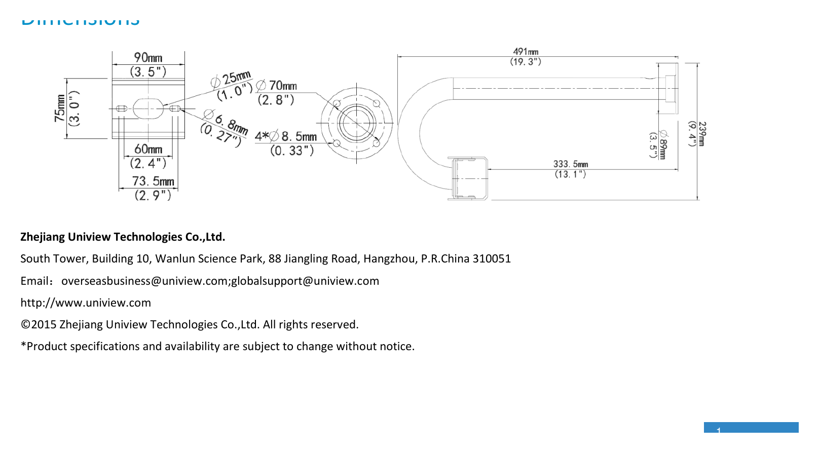 TR-CM06-IN-INDOOR-PENDANT-MOUNT 外形尺寸圖 491mmx239mm (19.3” x9.4”)｜重量 0.61kg(1.3lb)｜Unit: mm