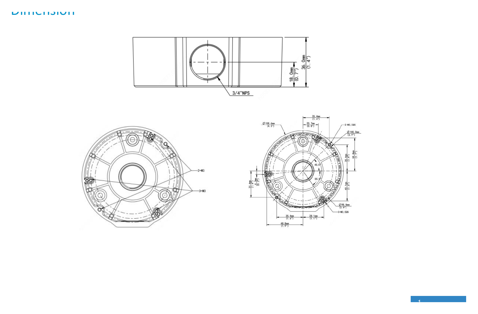 TR-JB03-G-IN-FIXED-DOME-JUNCTION-BOX 外形尺寸圖 Ø 108.6 × 36mm (Ø 4.28” × 1.42”)｜重量 0.2kg (0.44lb)｜Unit: mm