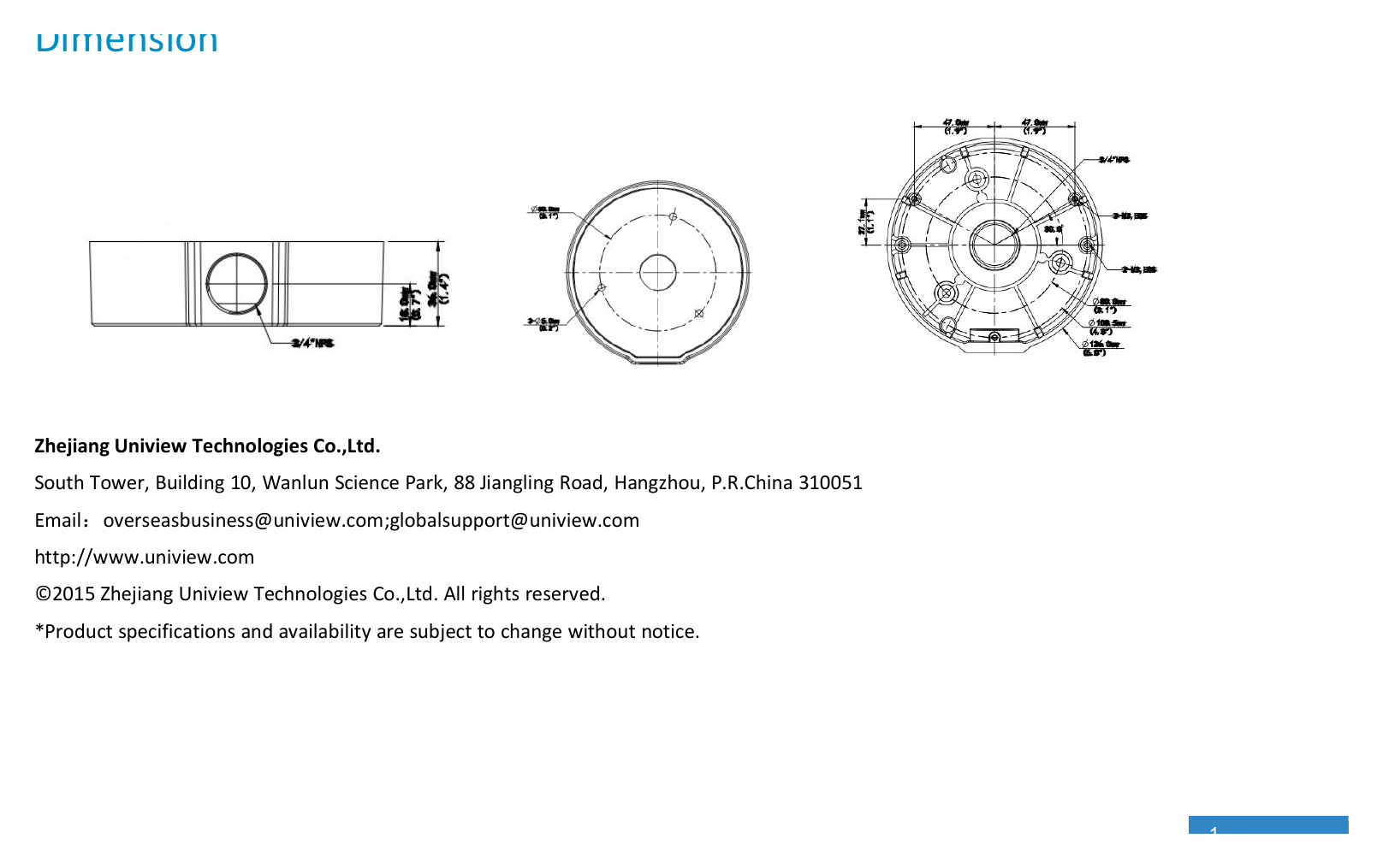 TR-JB03-H-IN-FIXED-DOME-JUNCTION-BOX 外形尺寸圖 Φ126mm*36mm (4.96” x1.42”)｜重量 0.24kg(0.53lb)｜Unit: mm