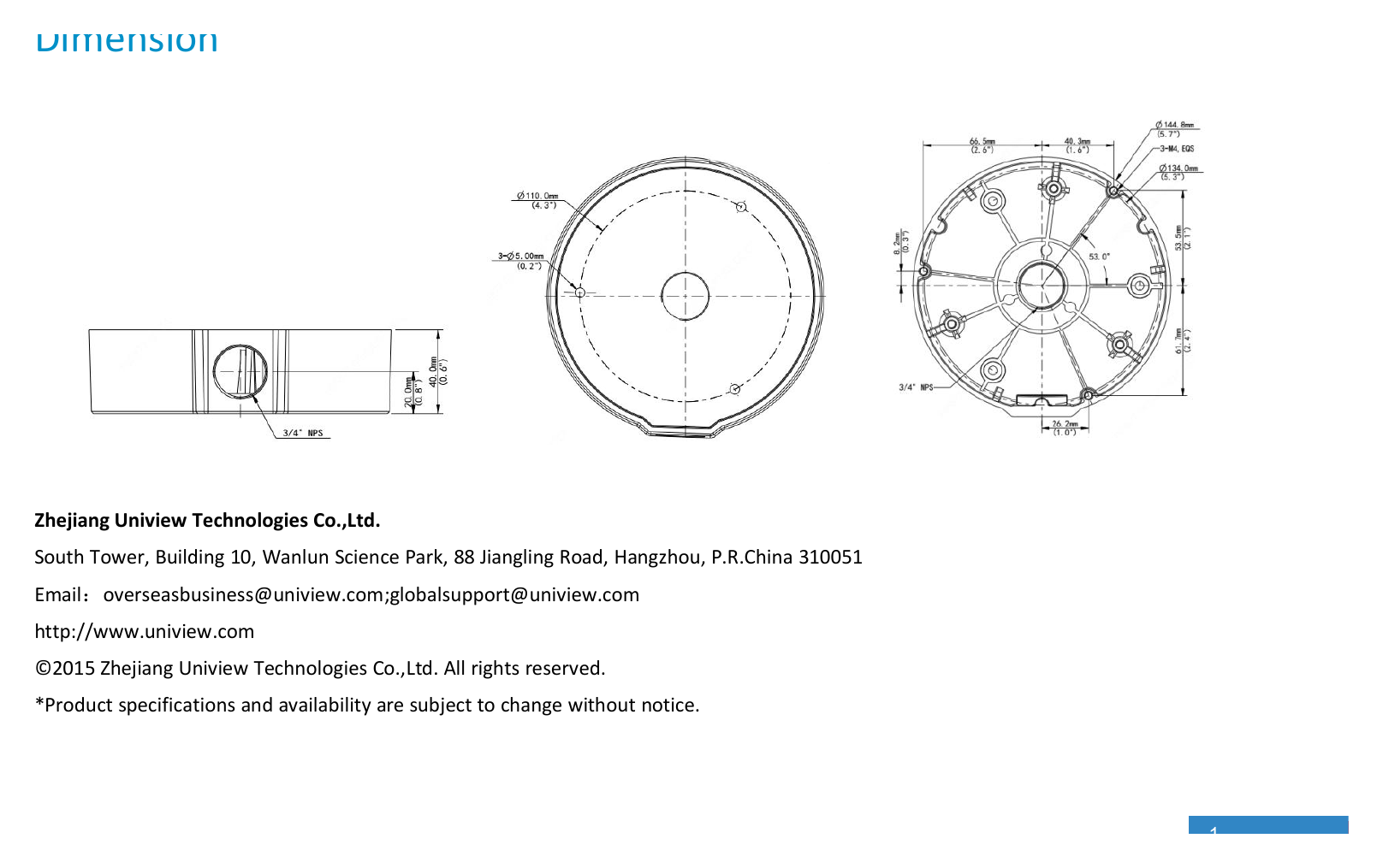 TR-JB04-C-IN-FIXED-DOME-JUNCTION-BOX 外形尺寸圖 Φ144.8mm*40mm (5.70” x1.57”)｜重量 0.3kg(0.66lb)｜Unit: mm